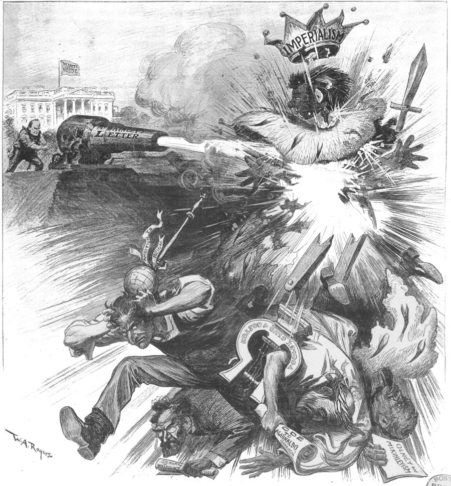 A 1900 political cartoon depicting a literal "straw man," illustrating how rhetoricians construct easily defeated, exaggerated versions of an opponent's argument.