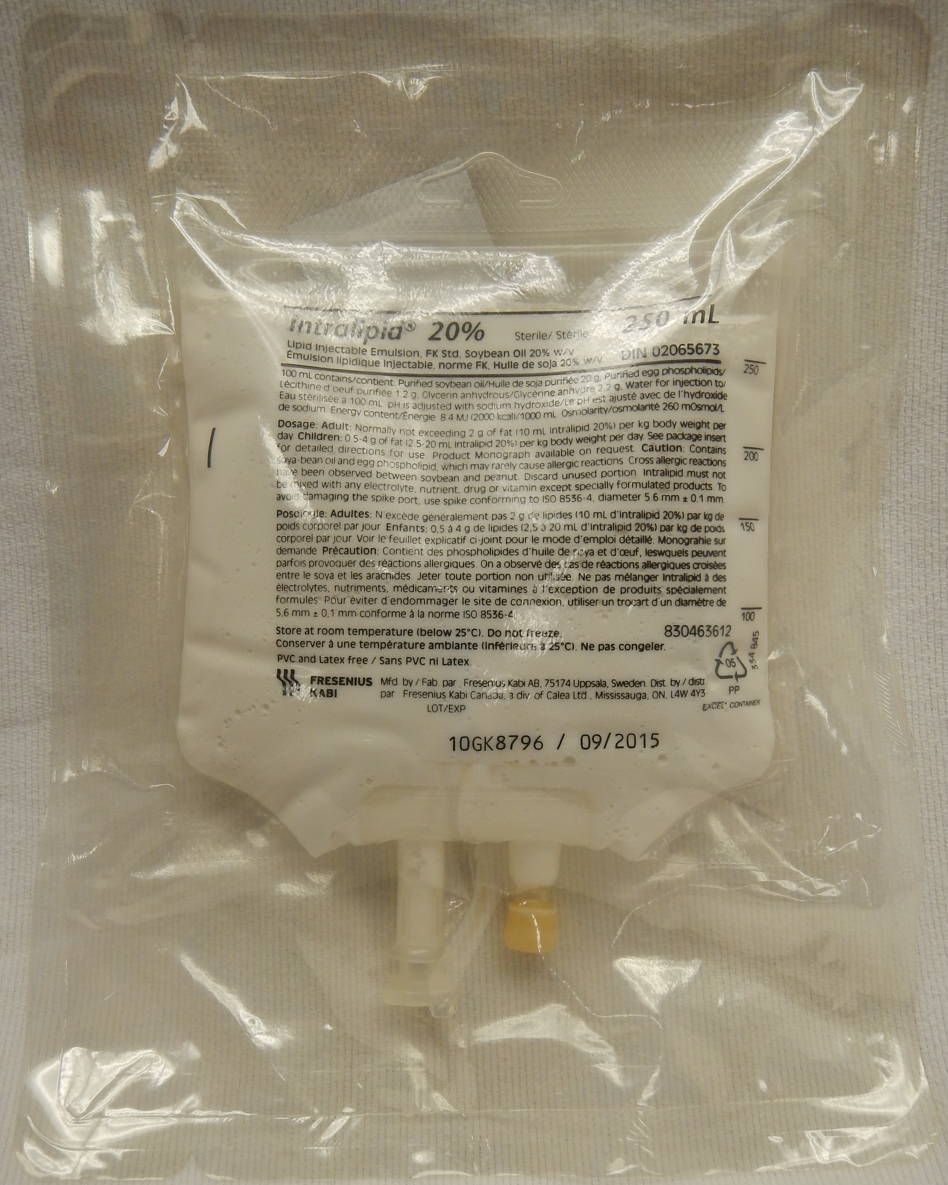 A normal 20% lipid emulsion. If physical separation or "cracking" occurs, resulting in a yellowish oily layer on the surface, the bag must be discarded immediately to prevent fat emboli.