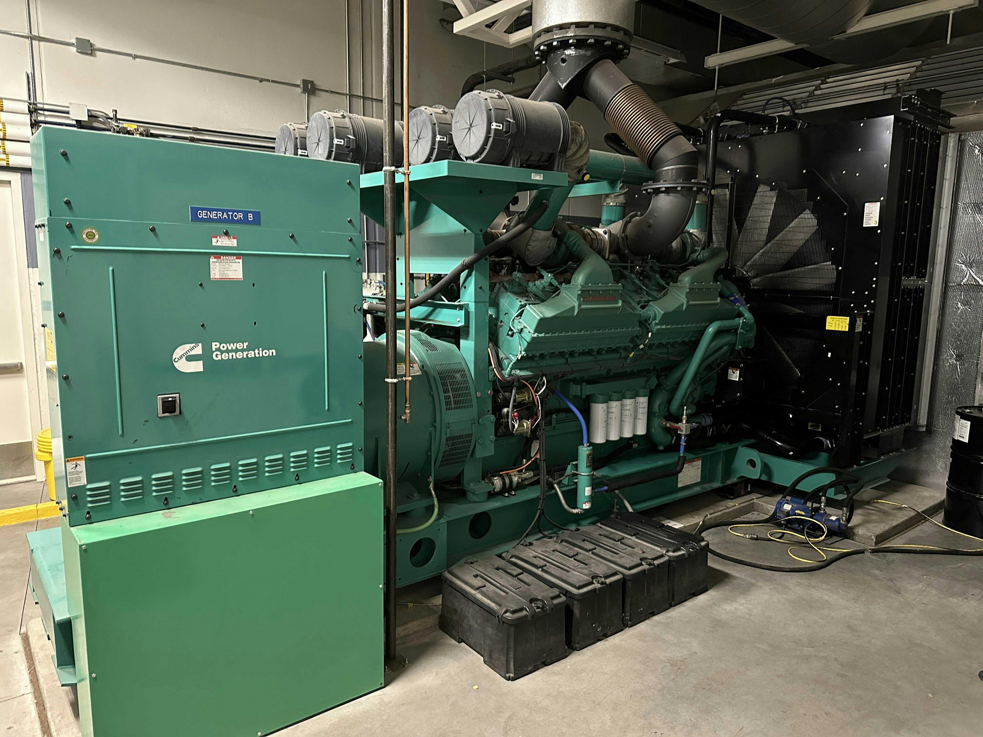 Datacenters are equipped with massive onsite diesel generators designed to ensure continuous power availability and prevent data loss even during complete municipal grid failures.