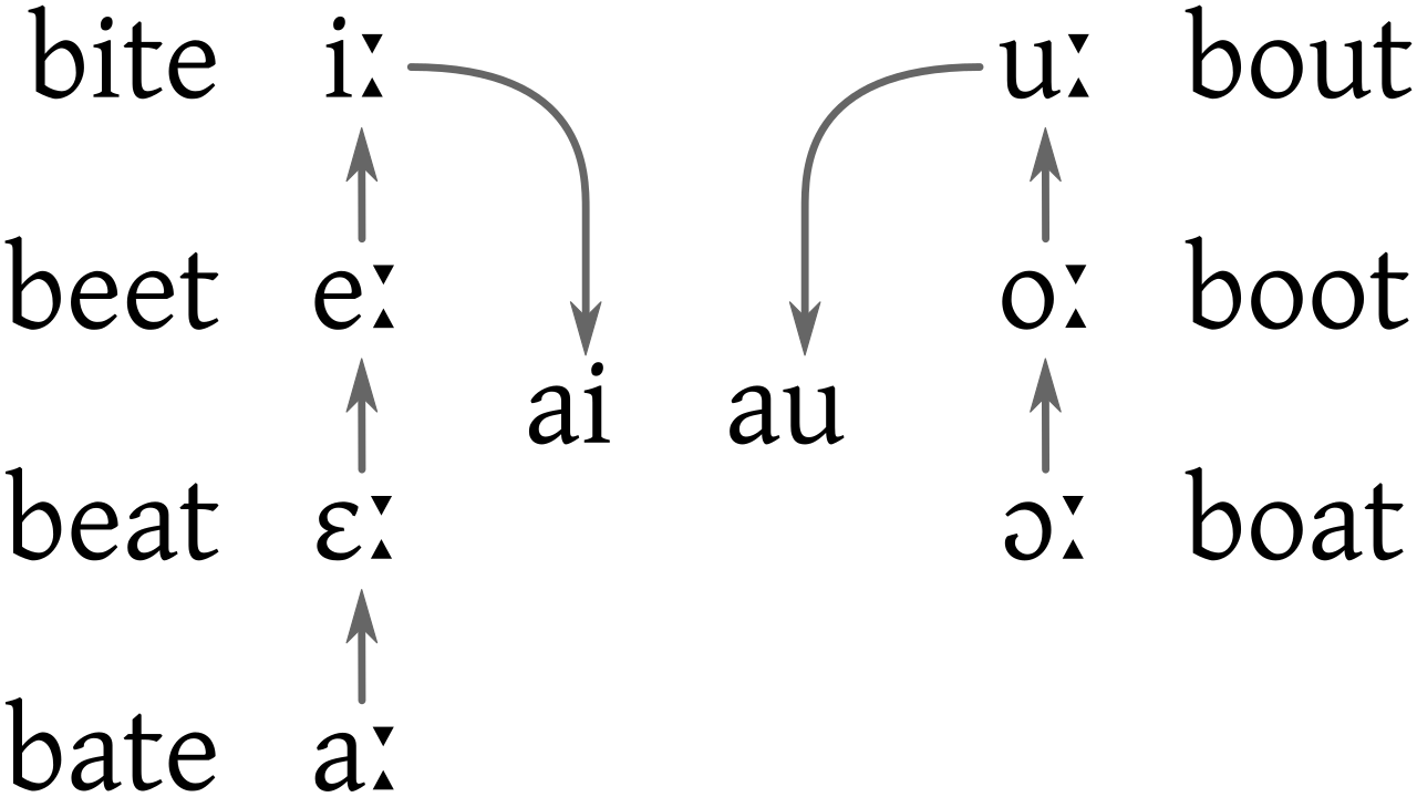 The Great Vowel Shift systematically altered the pronunciation of English long vowels. High vowels broke into diphthongs, and lower vowels shifted upward in articulation to take their place.