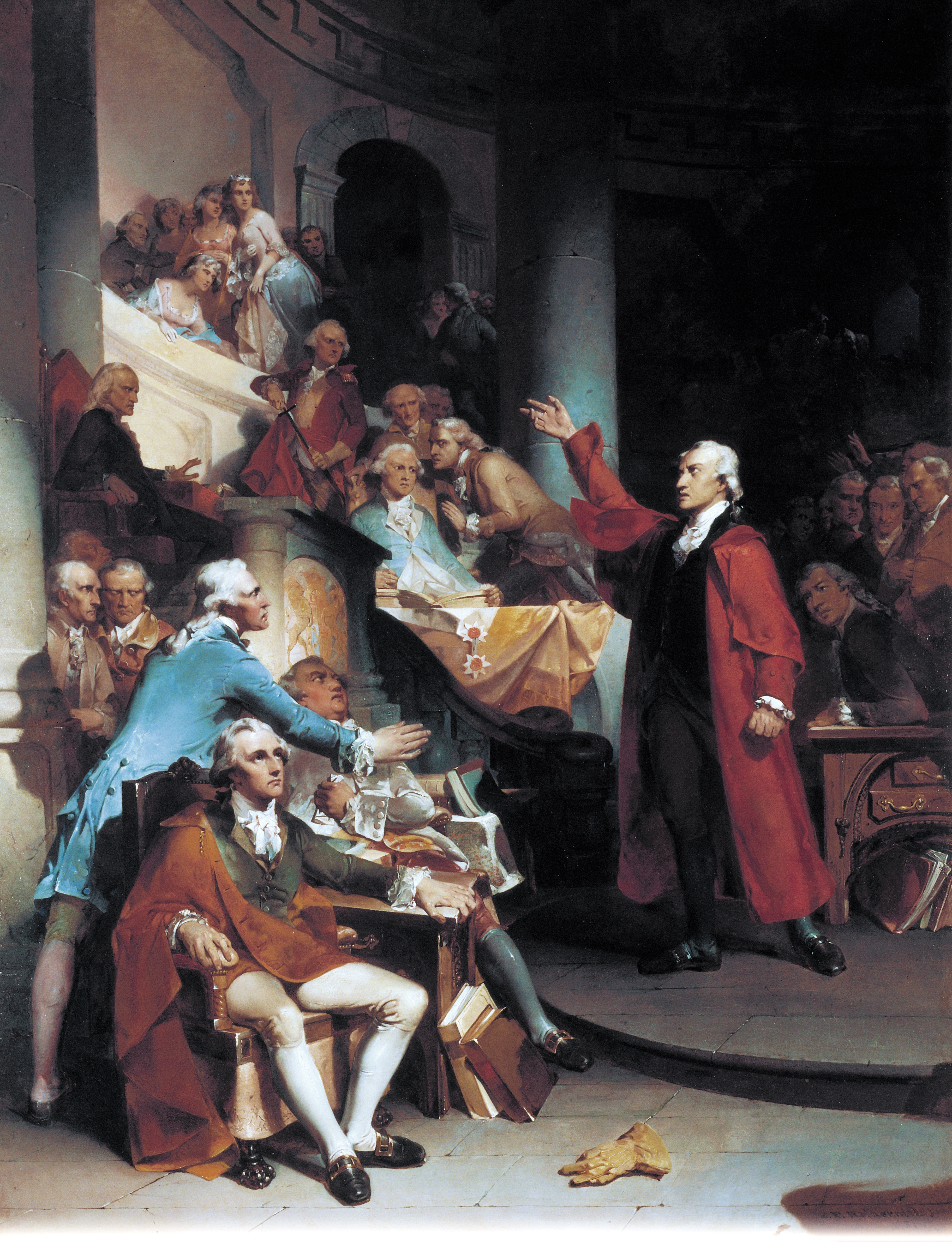An artistic depiction of Patrick Henry speaking before the Virginia assembly. Henry famously used rhetorical questions to emotionally corner his audience into supporting the American Revolution.