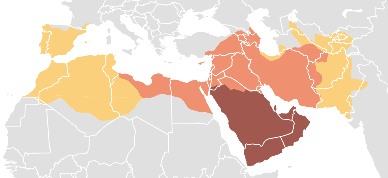 Map detailing the rapid territorial expansion of the Islamic Caliphates between 622 and 750 CE, which unified diverse cultural groups from the Middle East to the Iberian Peninsula under a common framework.