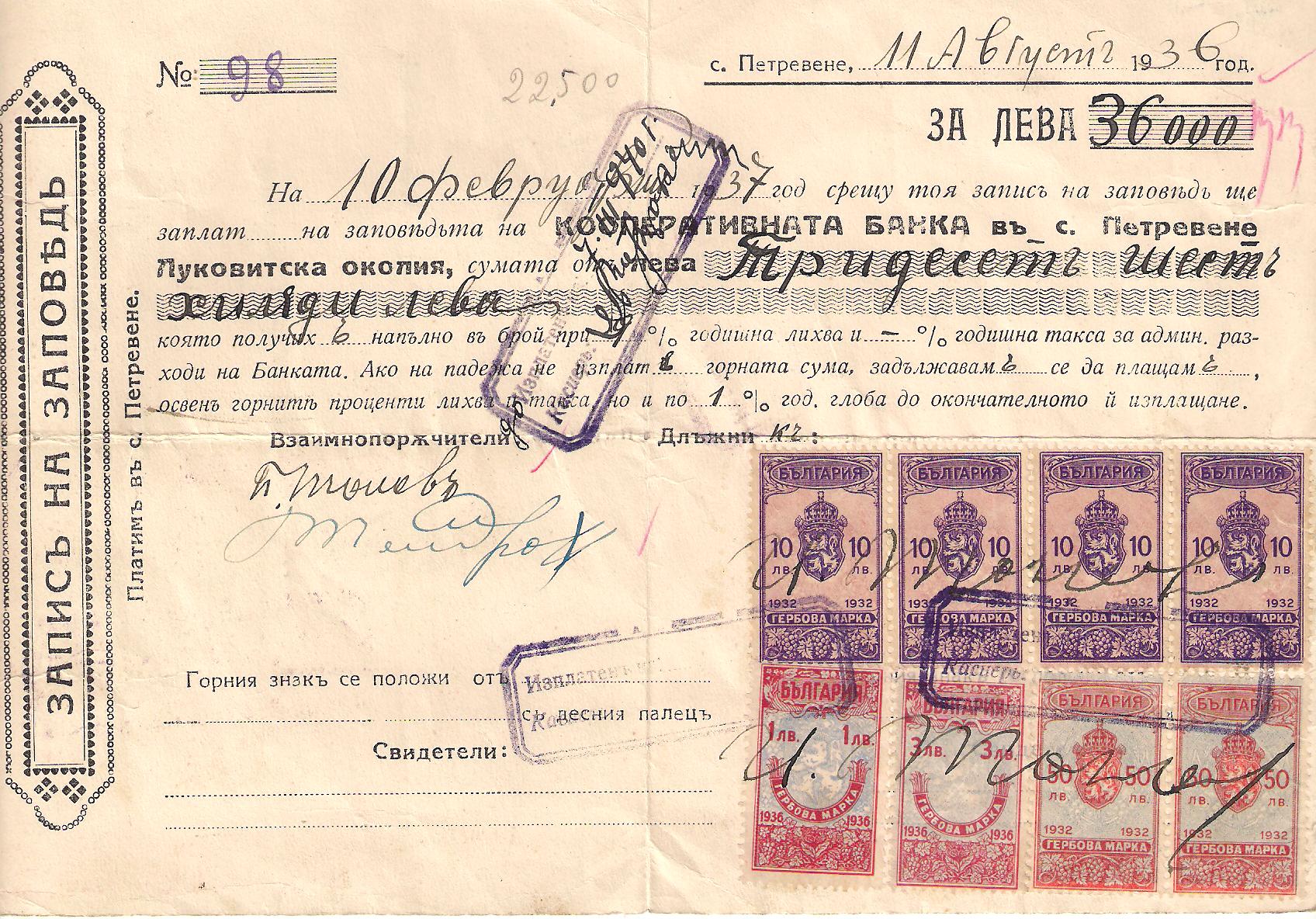 A 1936 bank loan document, the kind of everyday borrowing a partner in a trading firm can bind the firm to under implied usual authority, without needing prior permission from the other partners.