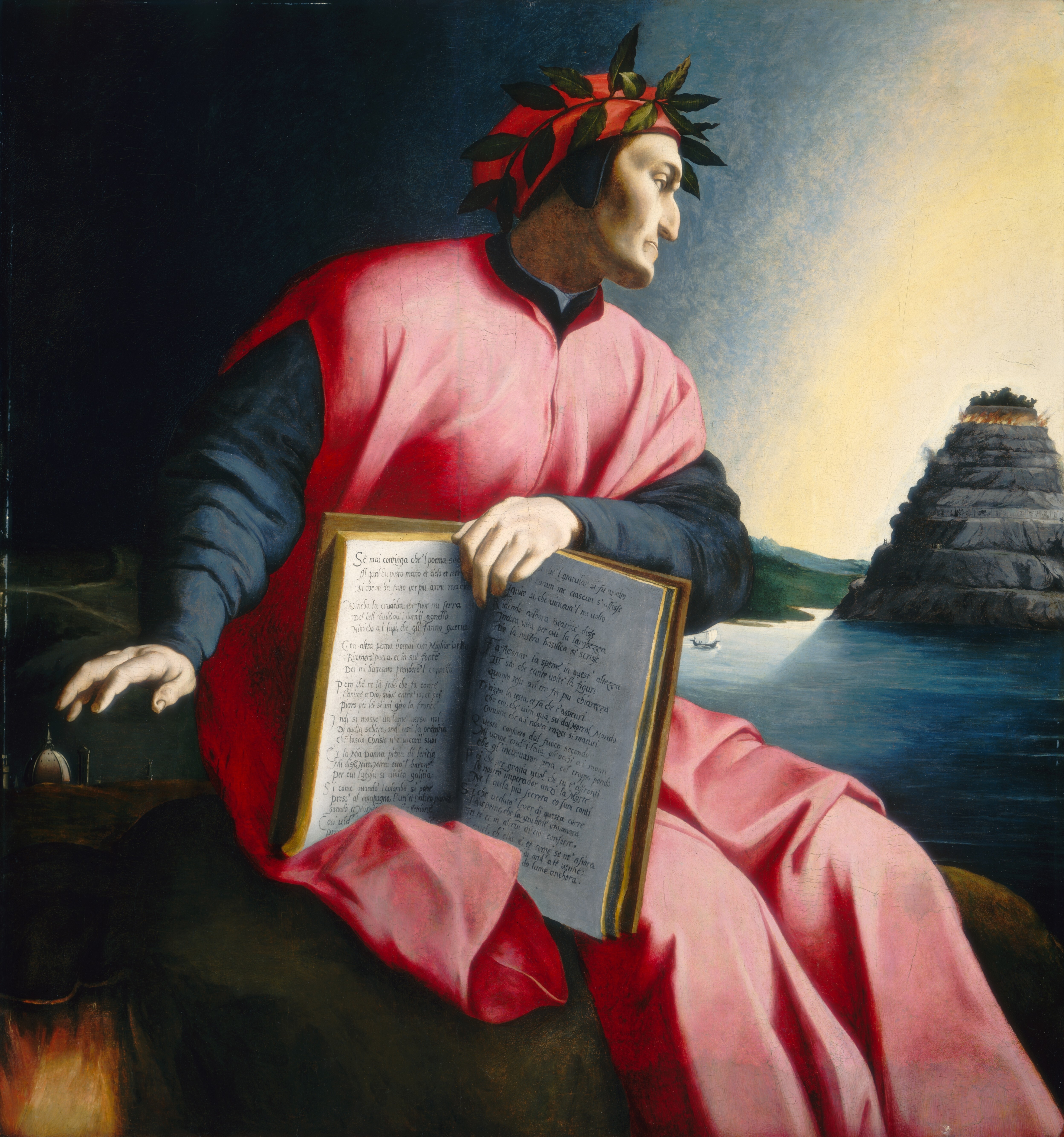 An allegorical painting of Dante Alighieri gazing at the structured levels of Mount Purgatory, reflecting the highly architectural cosmology of his epic poem.