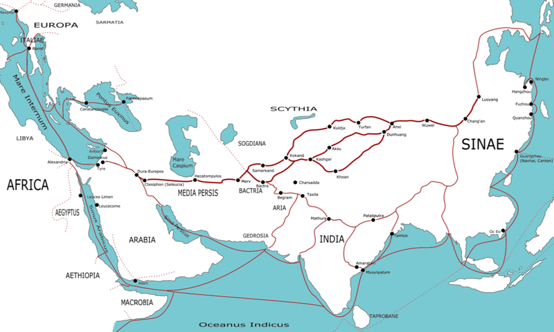 A map of the ancient Silk Road routes, which acted as a vital artery for both economic trade and the cultural exchange of ideas across Eurasia.