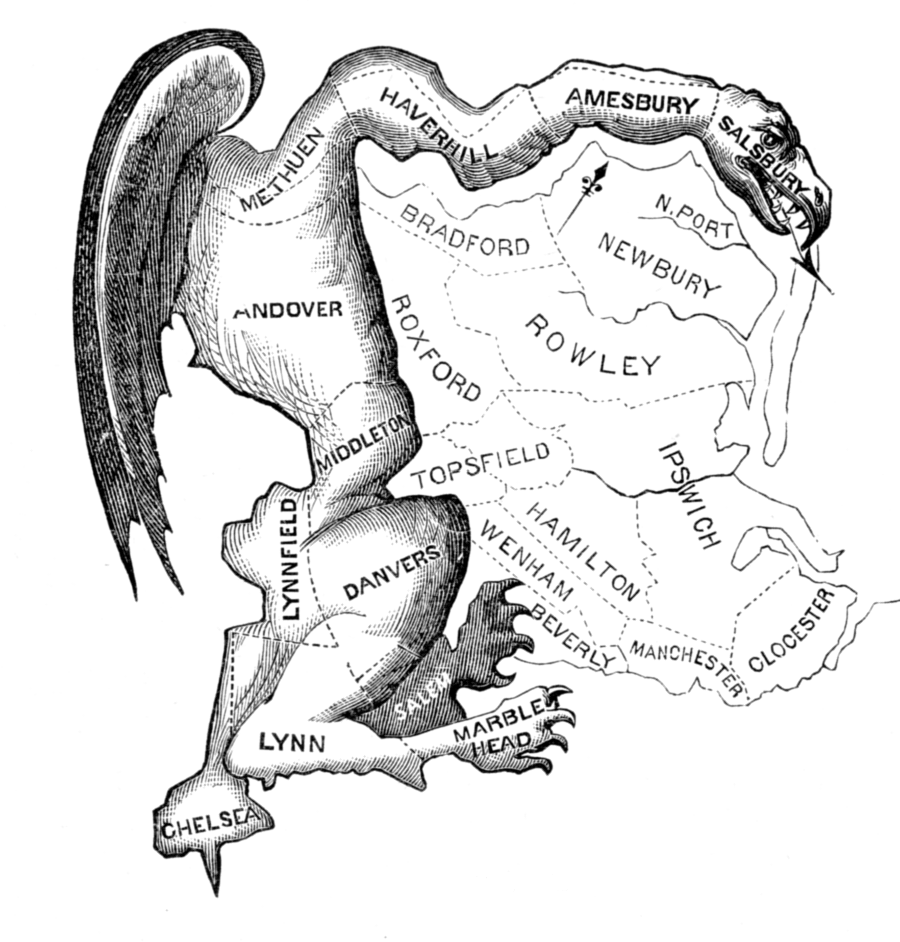 The original 1812 political cartoon satirizing the bizarre, dragon-like shape of a Massachusetts electoral district, giving rise to the term "gerrymandering".