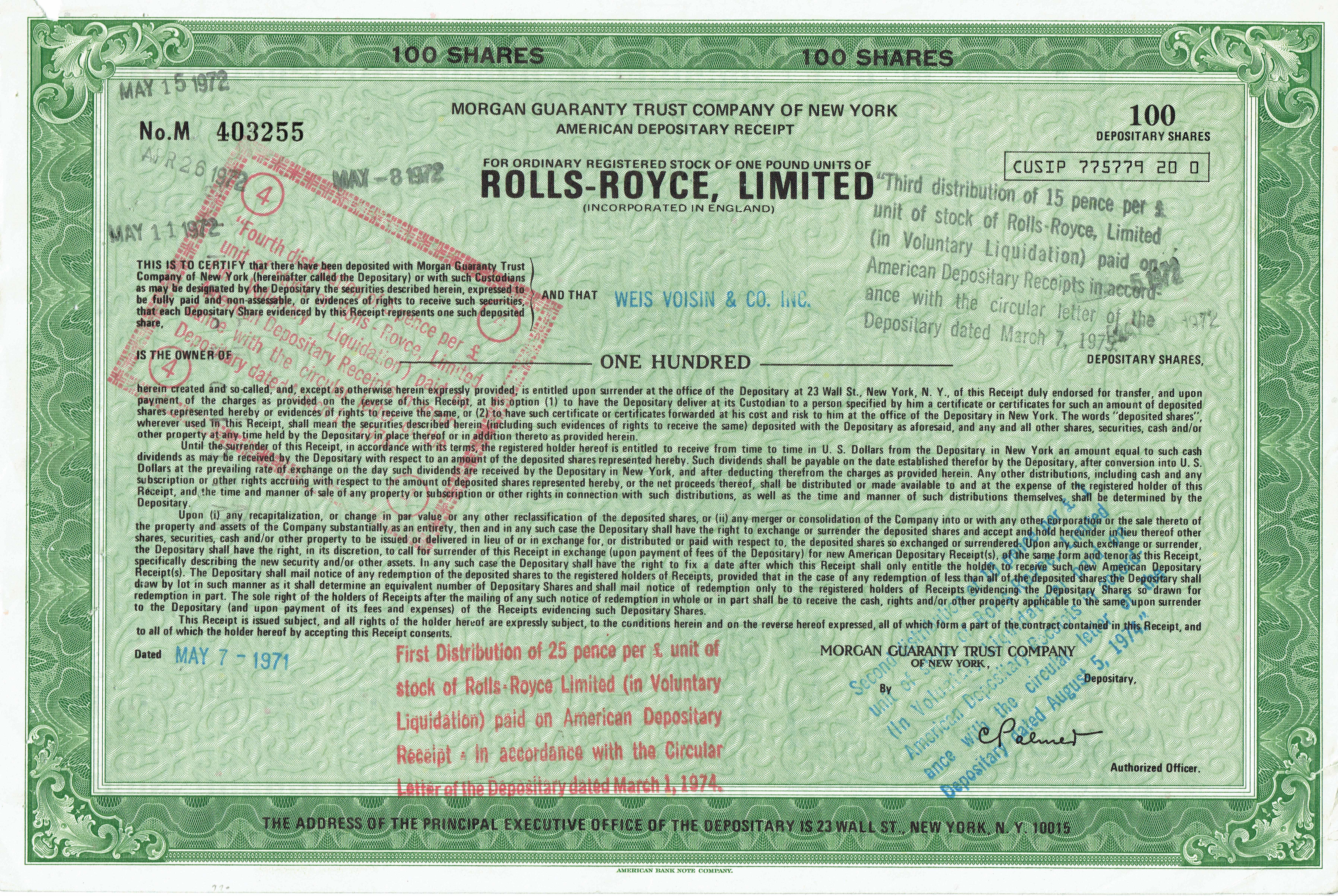 A 1971 American Depositary Receipt for Rolls-Royce Limited. Instead of trading foreign shares directly, U.S. investors trade these domestic receipts, which represent a claim on the foreign stock held by a U.S. bank.