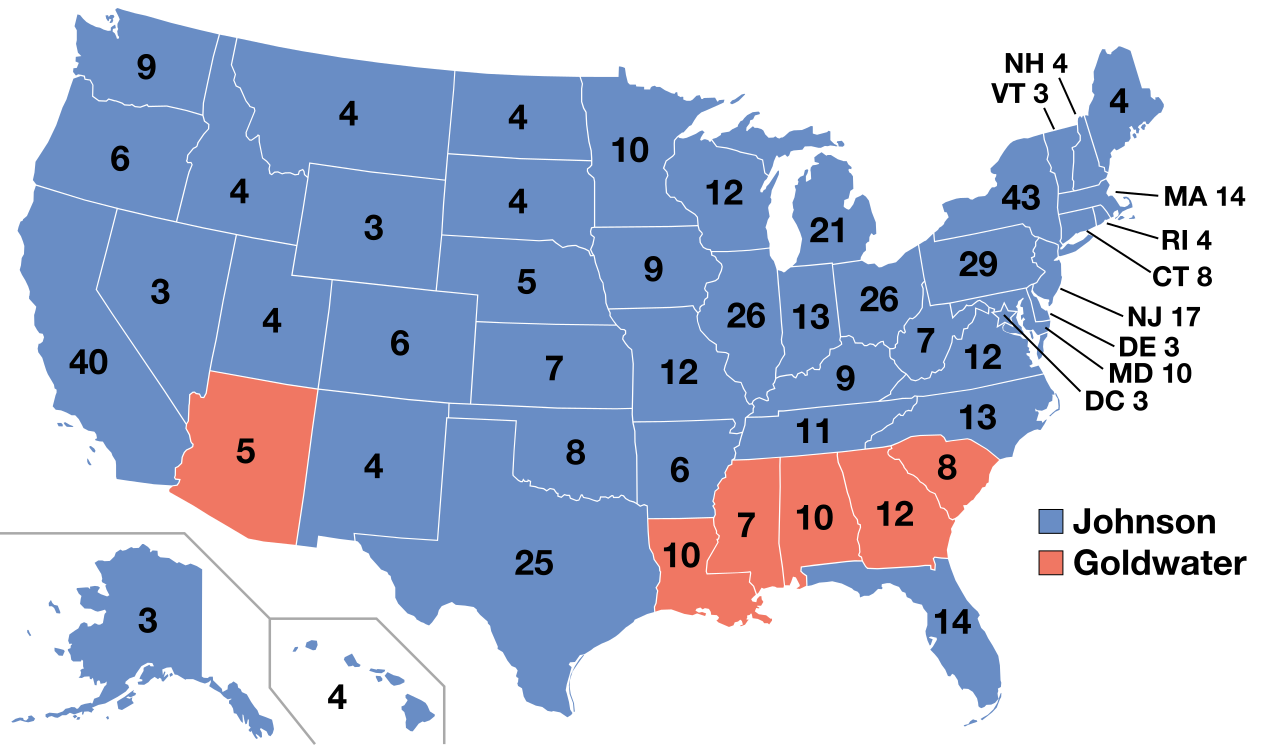 The 1964 electoral map illustrates the beginning of the Southern political fracture; while Democrat Lyndon B. Johnson won in a landslide nationally, Republican Barry Goldwater swept the traditionally Democratic Deep South in a backlash to civil rights legislation.