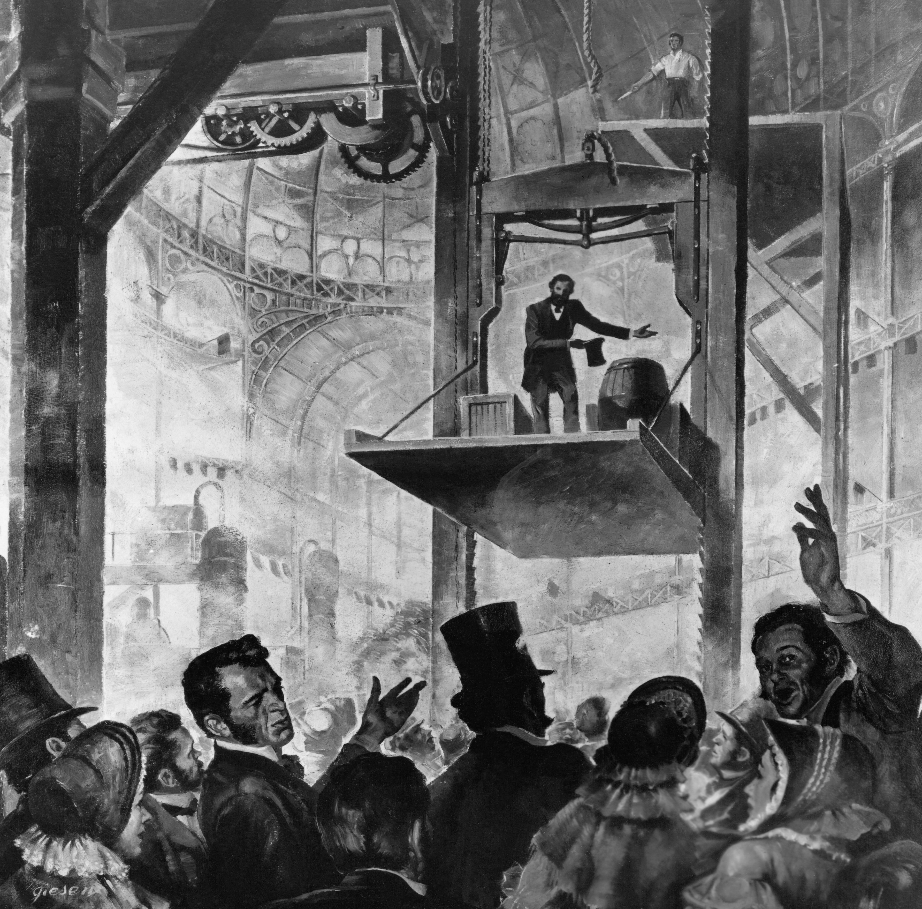 Elisha Otis demonstrating his safety elevator in 1853, a critical technological invention that enabled the vertical expansion of the modern city.