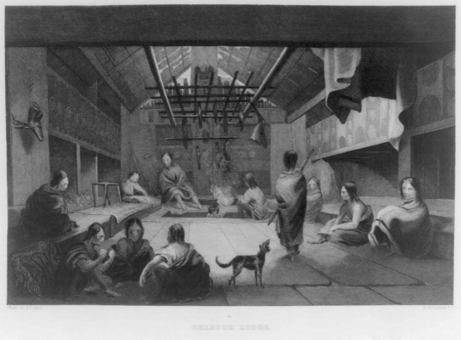 An illustration of the interior of a Chinookan plank house. The abundance of resources in the Pacific Northwest allowed tribes to build large, permanent, multi-family dwellings out of cedar.