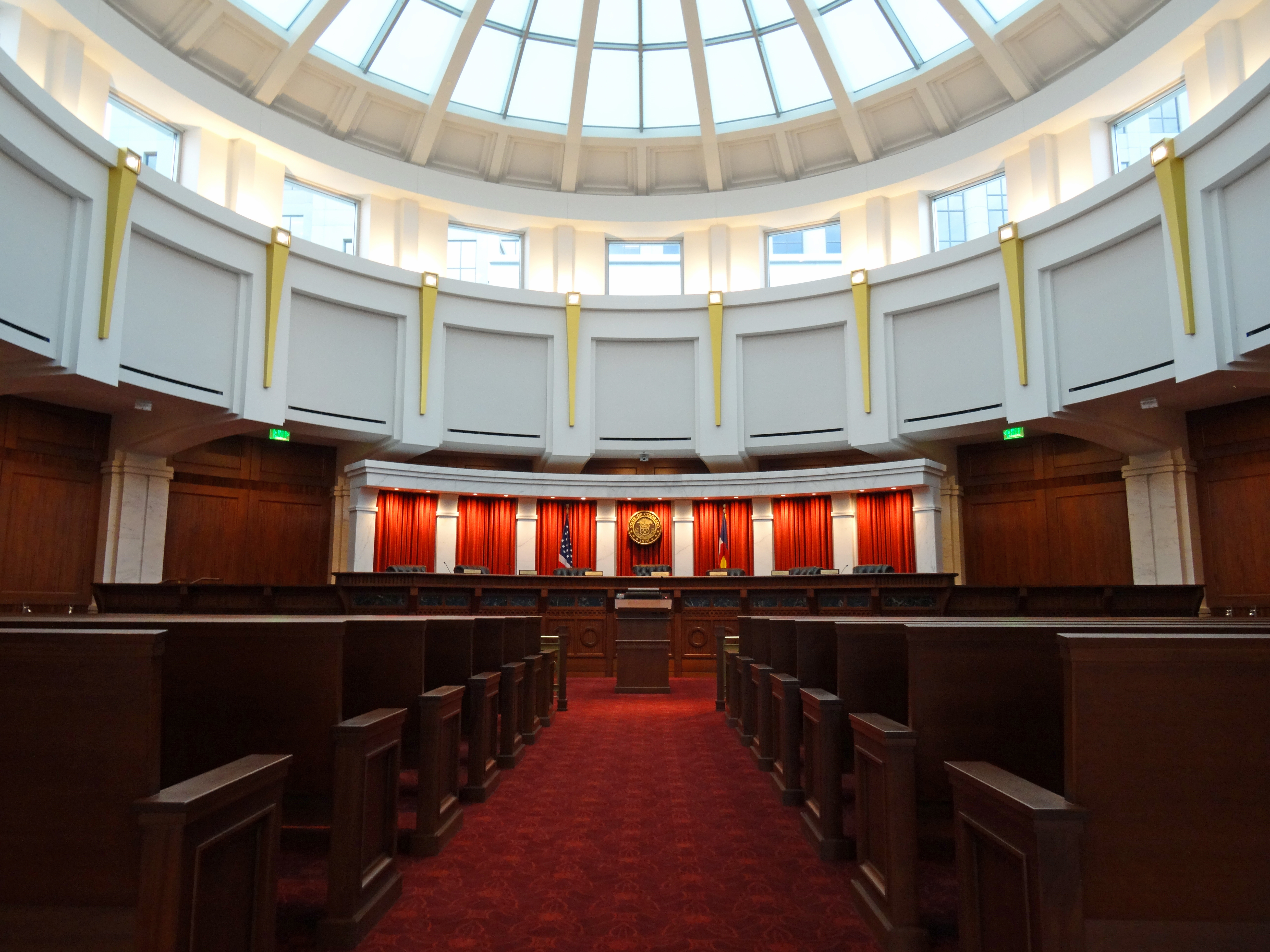 The courtroom of the Colorado Supreme Court. The Court's 1957 Conway-Bogue decision established the fundamental right and strict limitations for Colorado real estate brokers to prepare standard legal documents.