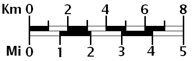 A graphical bar scale. Because scale is a mathematical ratio, a "large-scale" map has a larger fraction (showing a small area in high detail), while a "small-scale" map has a smaller fraction (showing a large area in low detail).