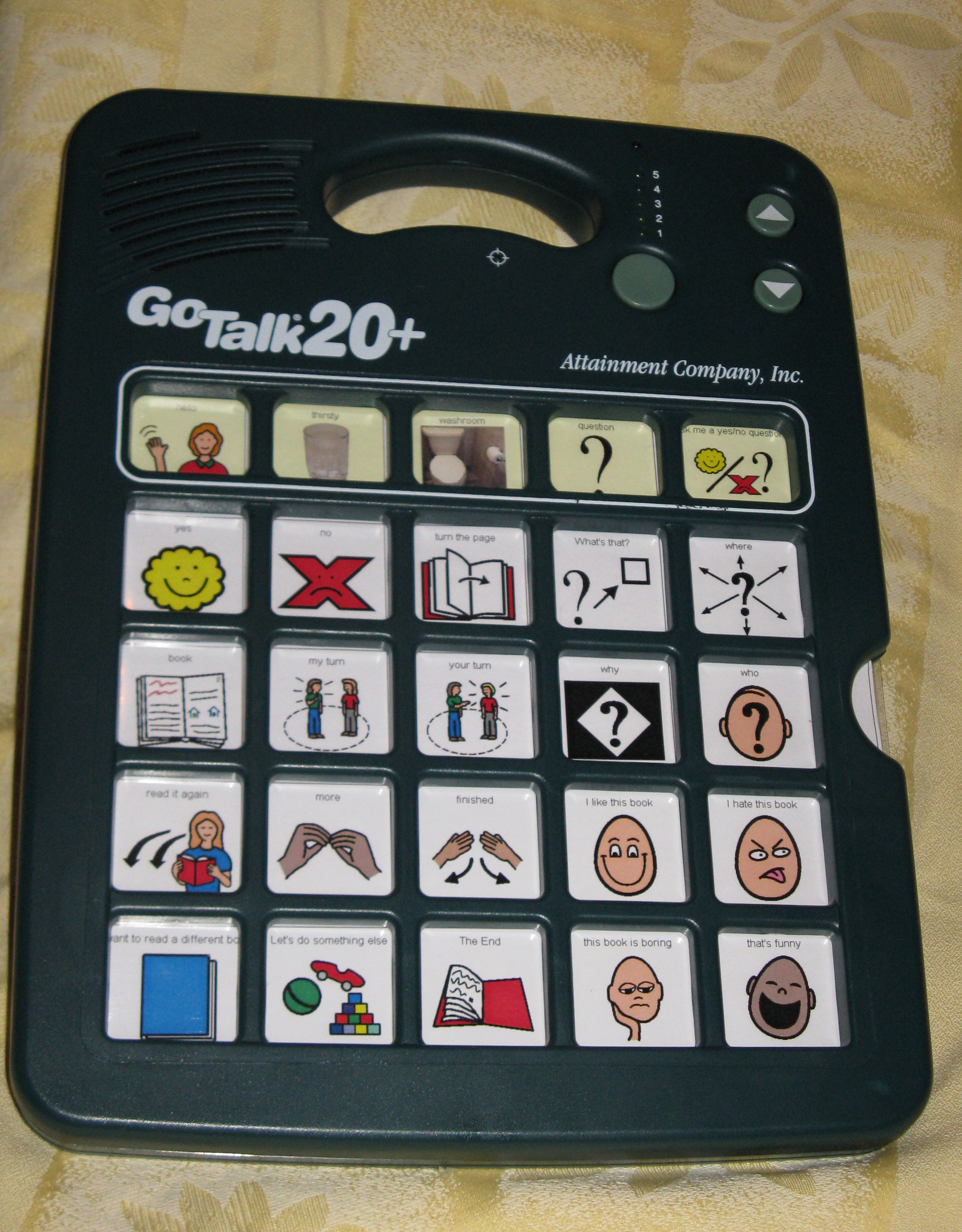 A static speech-generating device. Providing augmentative and alternative communication (AAC) tools requires targeted supplementary instruction so the student learns how to functionally use the interface to interact with others.