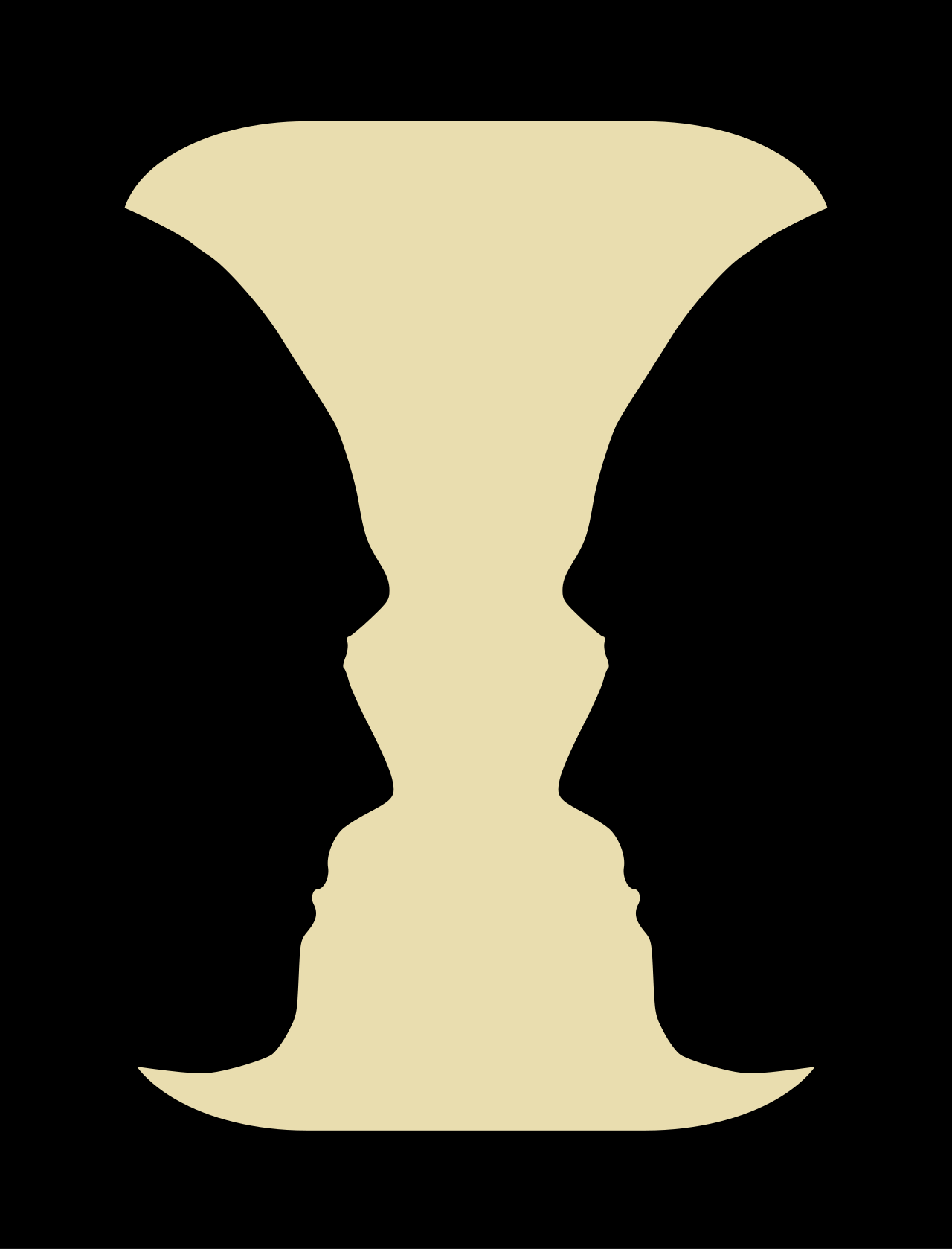 Rubin's vase visually illustrates the concept of negative space. In persuasive writing, authors use negation to define what an idea is not, thereby clarifying the boundaries and shape of their central argument.