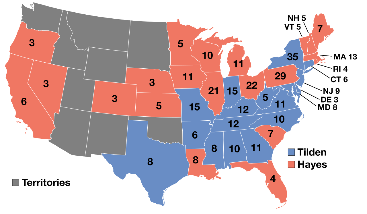 The disputed 1876 presidential election map. The heavily contested electoral votes in Florida, Louisiana, and South Carolina directly led to the Compromise of 1877 and the end of Reconstruction.