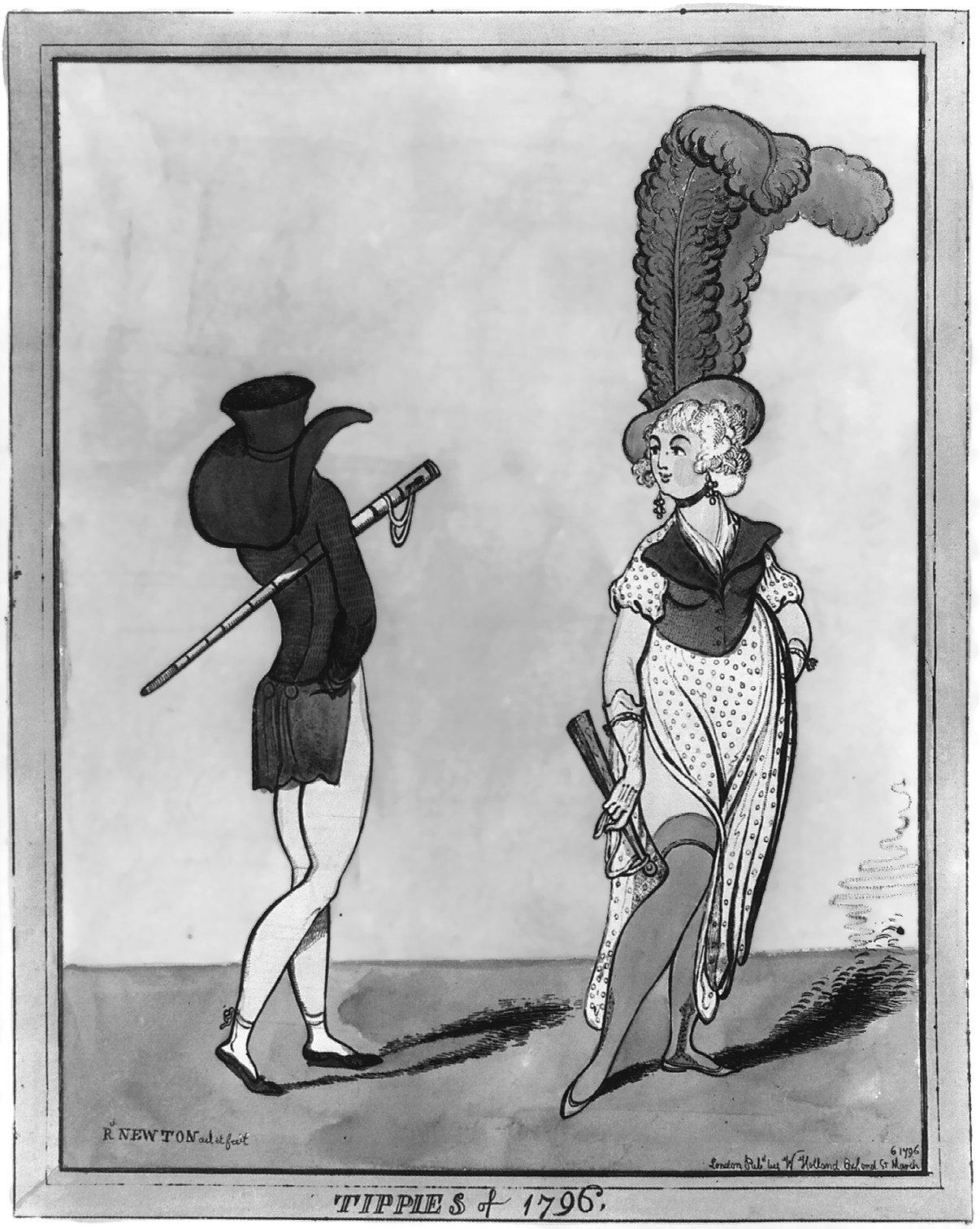 A 1796 caricature demonstrating the core mechanics of satire: deploying extreme visual exaggeration and ridicule to expose and criticize the absurdities of contemporary social trends.