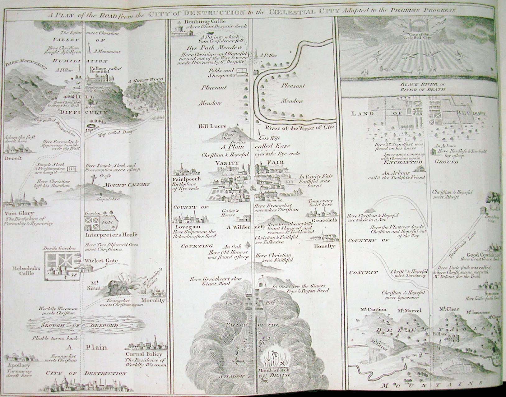A map from an early edition of The Pilgrim's Progress, illustrating how literary allegories physically map abstract moral or spiritual concepts—such as the "City of Destruction"—onto a literal, navigable geographic journey.