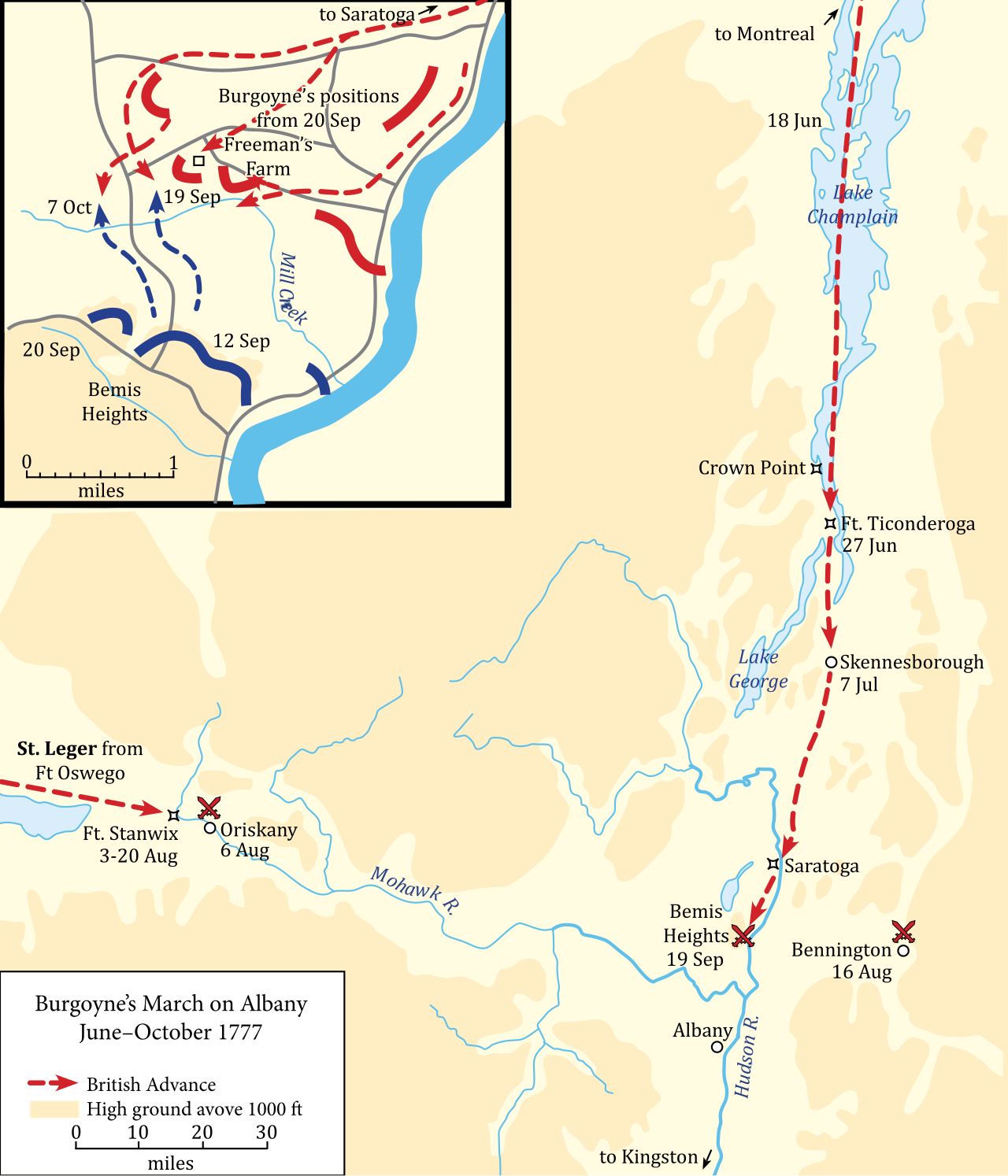 Tactical map of the Saratoga campaign, the decisive American victory that secured a vital military alliance with France.