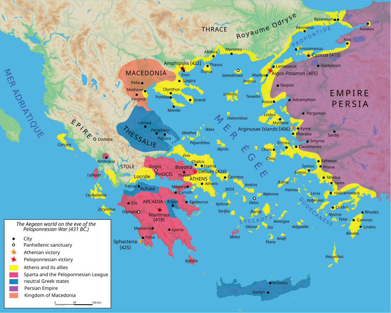 Map of the opposing alliances during the Peloponnesian War, illustrating the geopolitical fracture between the Athenian naval empire (Delian League) and the Spartan land power.