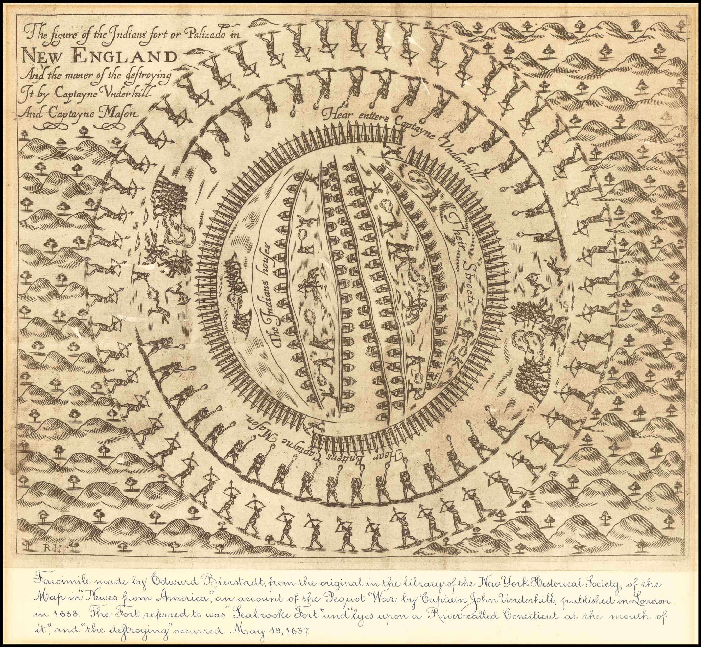 A 1638 engraving depicting the Mystic Massacre, in which English colonists and their Native allies surrounded and burned a Pequot village.