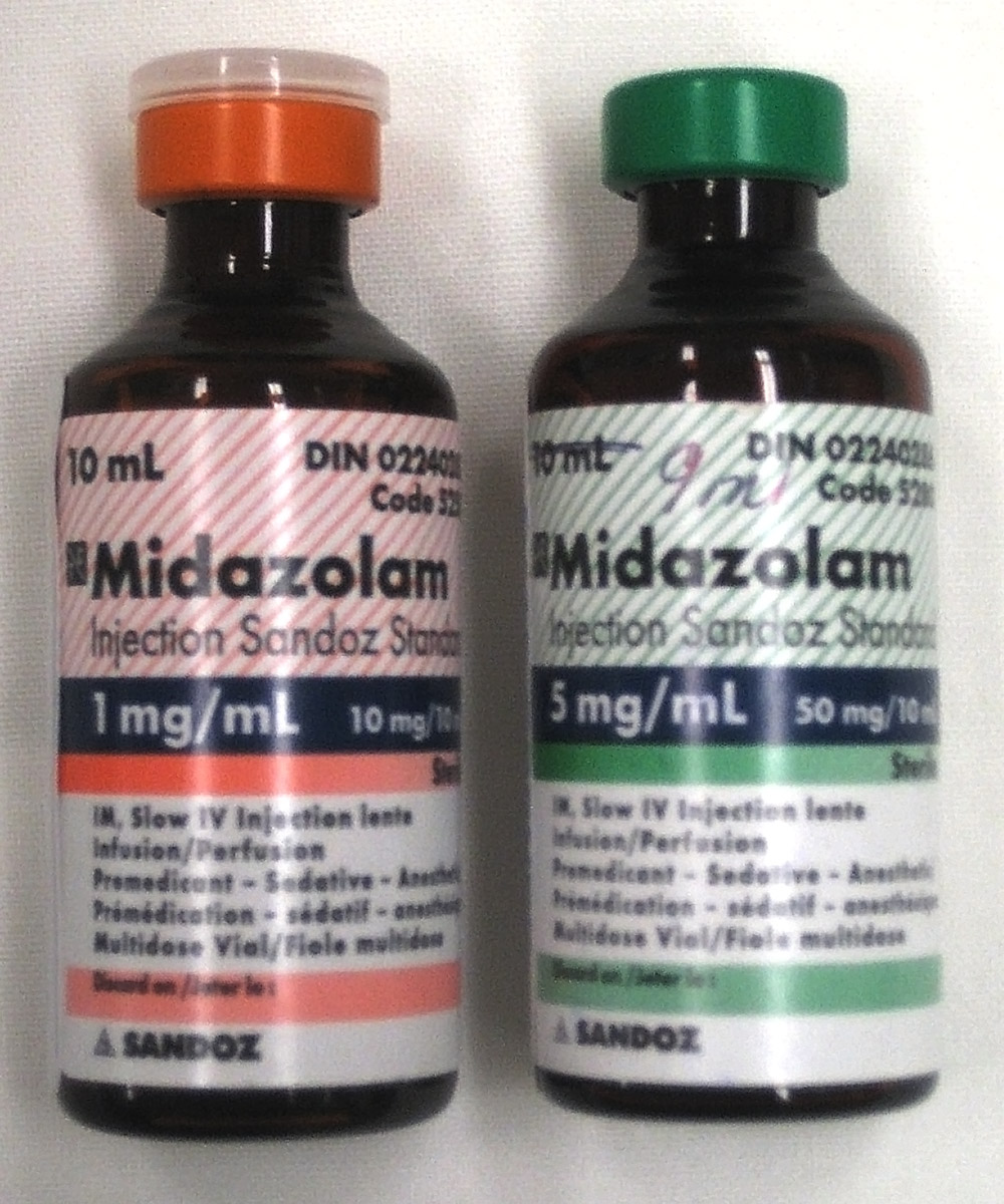 Vials of injectable Midazolam (Versed). Because it acts as a central nervous system depressant, informed consent must be signed prior to its administration to be legally valid.