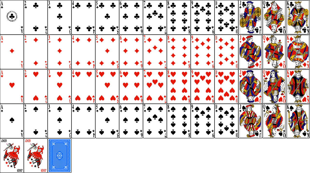 A standard 52-card deck provides a highly structured sample space, evenly divided into four suits of 13 cards each.