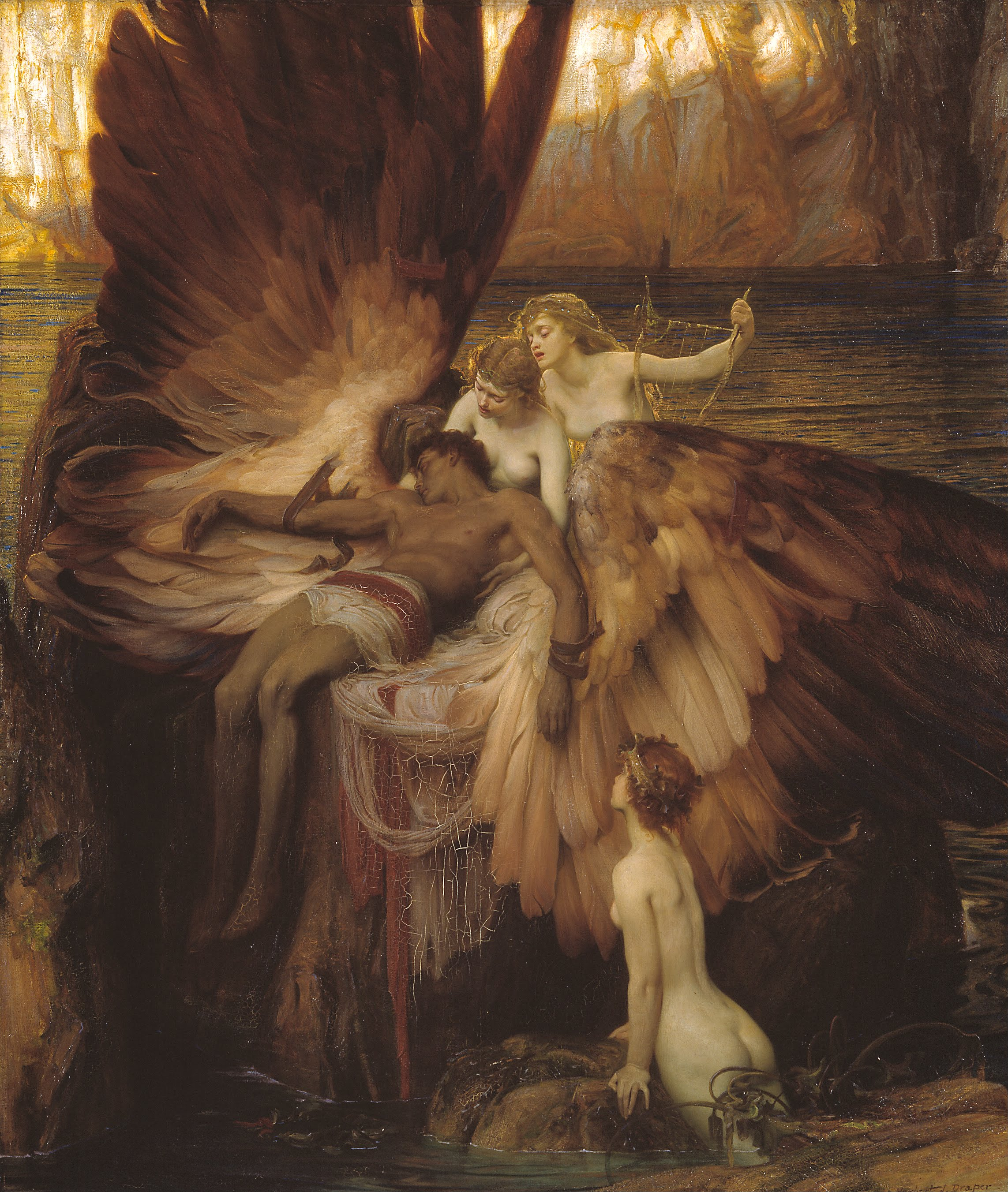 Herbert Draper's "The Lament for Icarus" (1898). The myth of Icarus serves as a classical vehicle for the universal theme of hubris—a thematic concept frequently adapted into modern literary contexts.