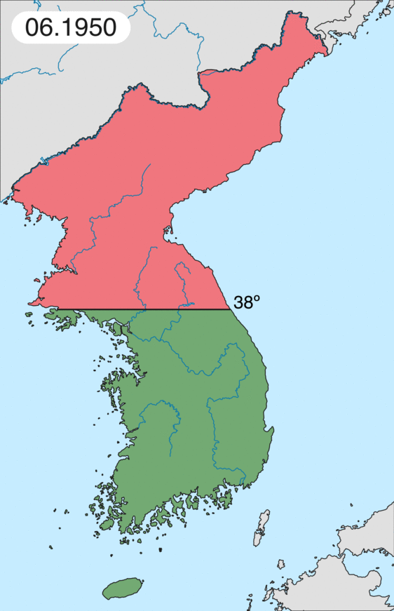 An animated map showing the shifting front lines of the Korean War between 1950 and 1953, culminating in a stalemate near the 38th parallel.