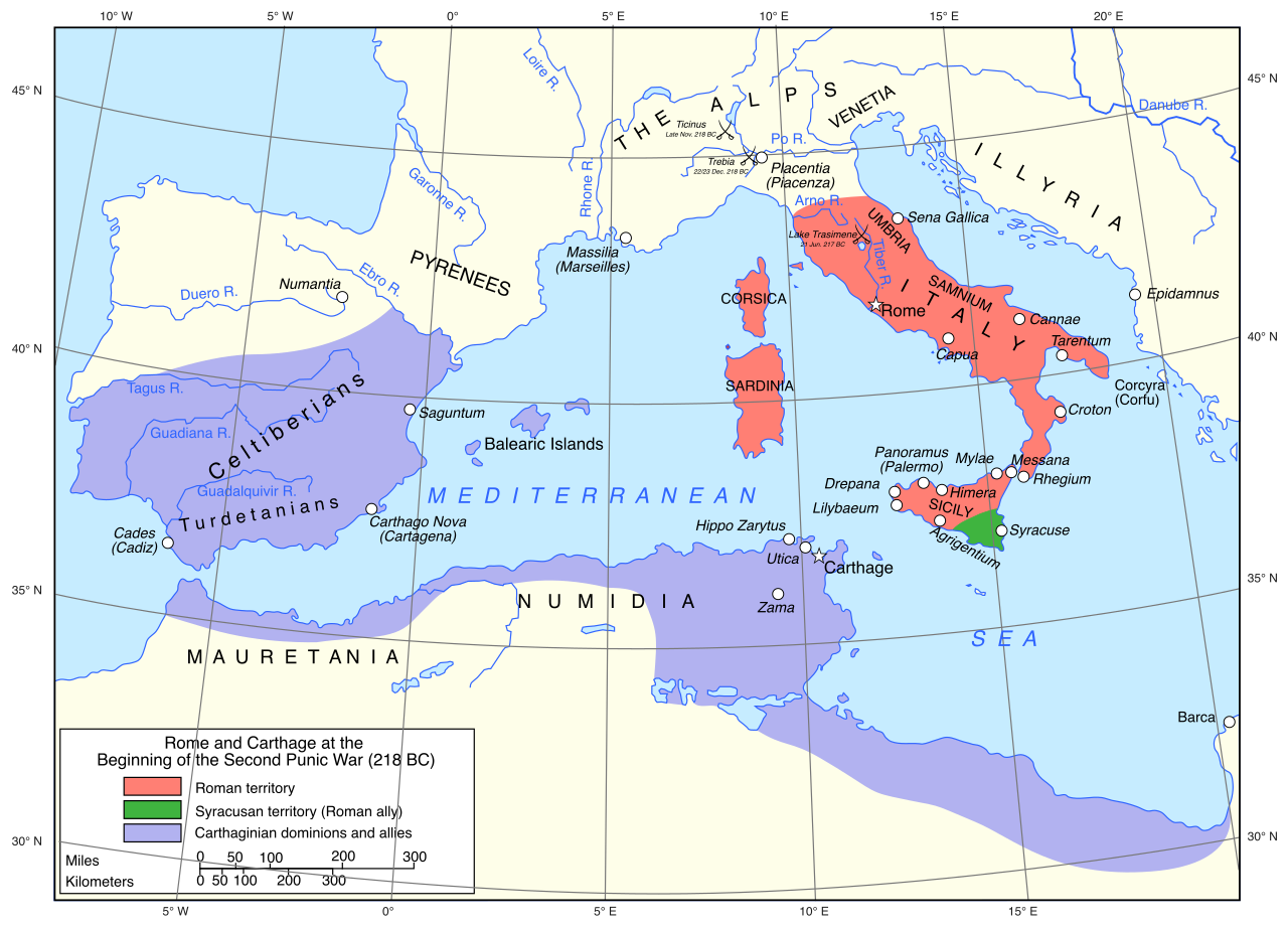 Map showing the territories of the Roman Republic and the Carthaginian Empire prior to the Punic Wars, a conflict that ultimately secured Roman dominance over the Mediterranean.