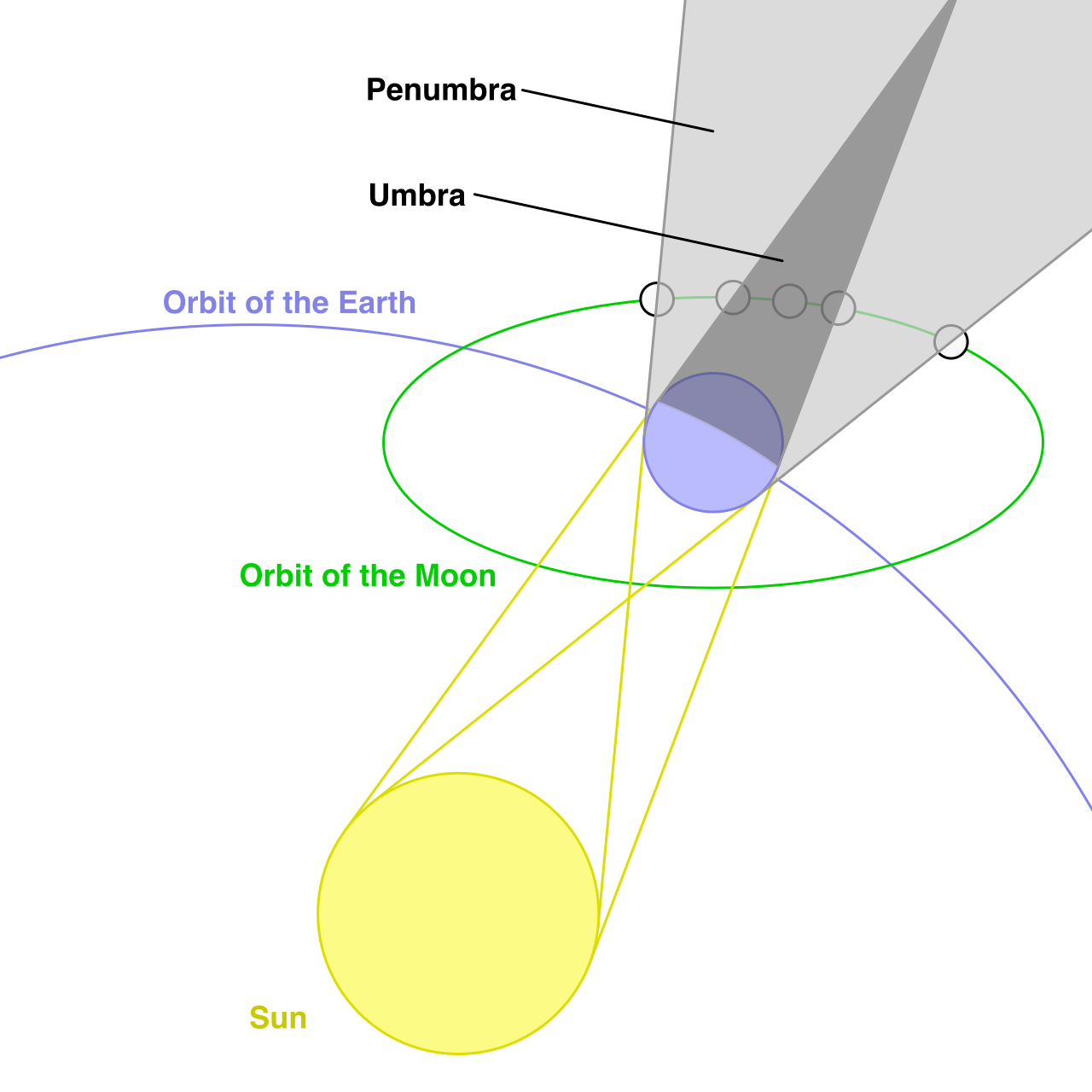 Diagram of a lunar eclipse, a rare event where Earth's shadow actually falls on the Moon, which is often mistakenly believed to be the cause of the monthly lunar phases.