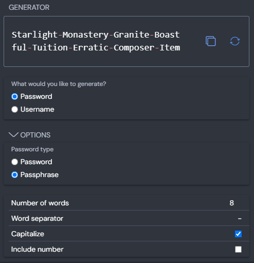 Modern passphrase generators emphasize length over character complexity, constructing long strings of random words that provide exponentially higher cryptographic entropy against brute-force attacks.