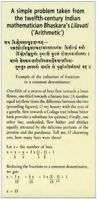 An ancient word problem from the 12th-century Līlāvatī, demonstrating the historical practice of translating real-world scenarios into discrete mathematical operations.