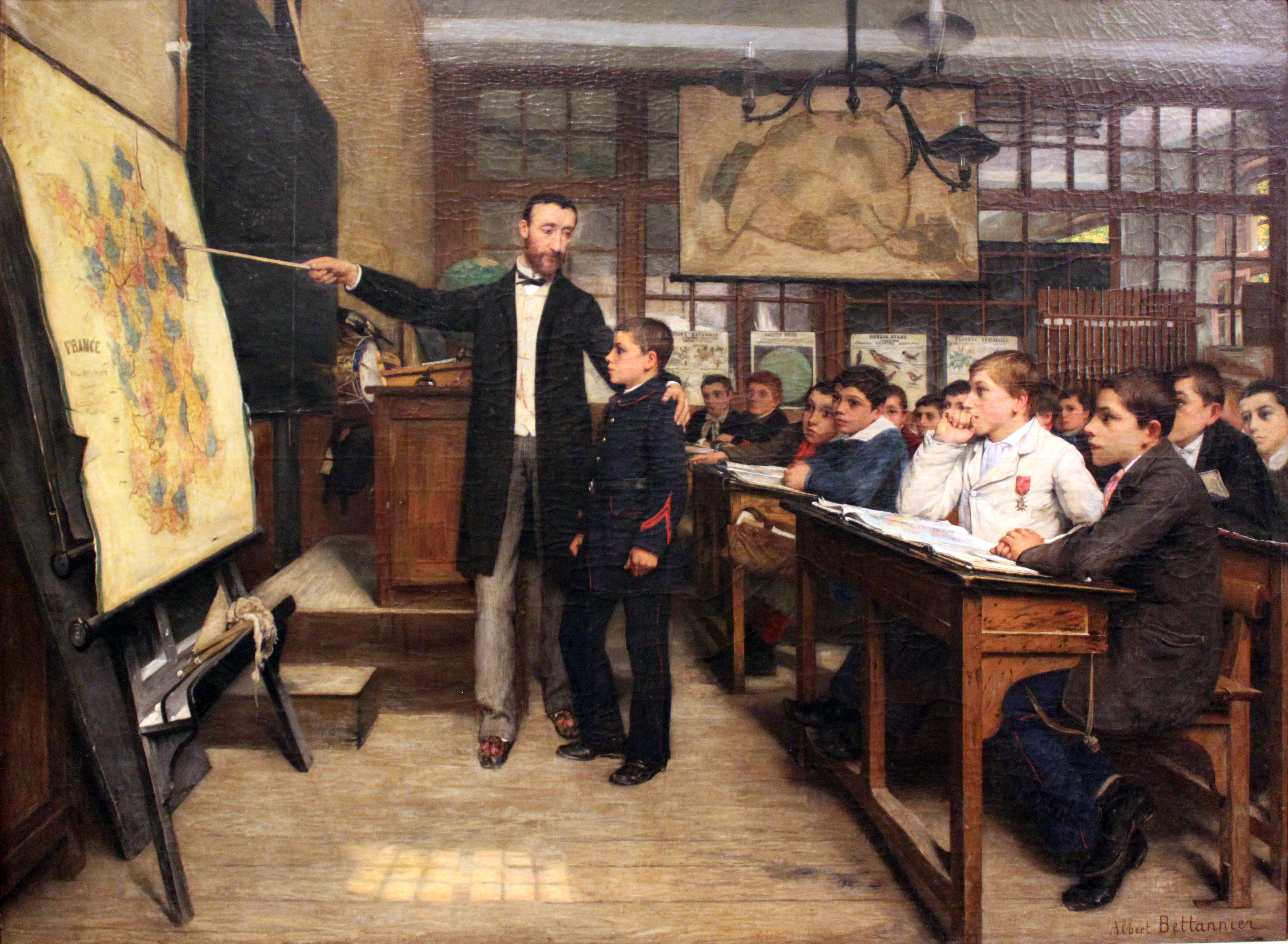 Albert Bettannier's 1887 painting La Tache Noire depicts a French student being taught about lost territory, illustrating how schools function as agents of socialization by instilling patriotism and the hidden curriculum.