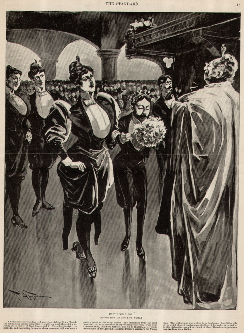 An 1895 cartoon utilizing a slippery-slope argument, baselessly suggesting that granting women the right to vote would inevitably lead to a dystopian reversal of gender roles by 2001.