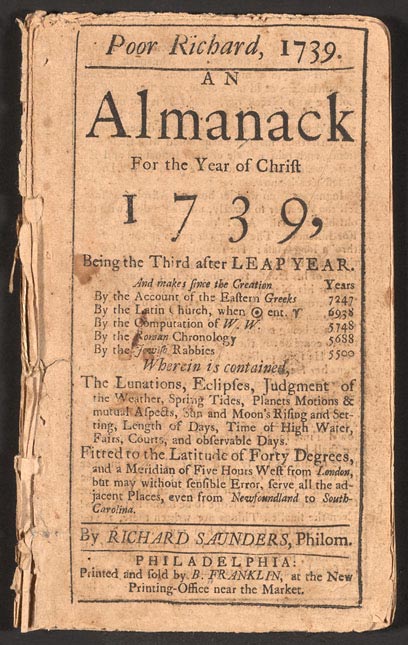 The 1739 title page of Benjamin Franklin's Poor Richard's Almanack, an early American example of the annual reference books used to disseminate timely facts and statistics.