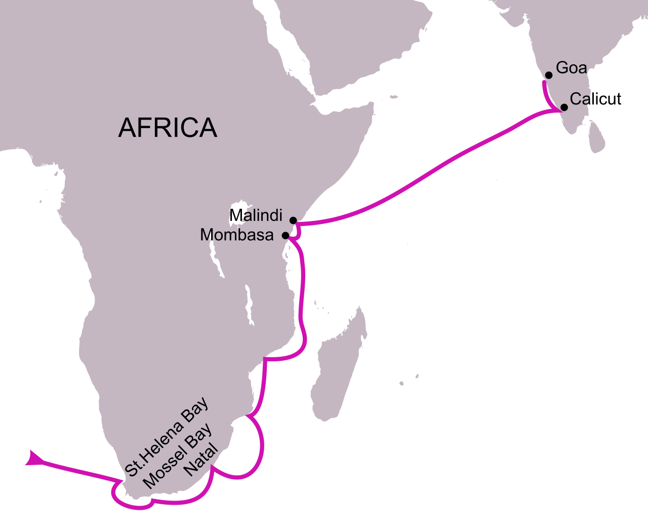 Map detailing Vasco da Gama's pioneering 1497–1499 expedition. By navigating around the Cape of Good Hope, da Gama successfully established a direct maritime route between Europe and India, breaking the Ottoman trade monopoly.