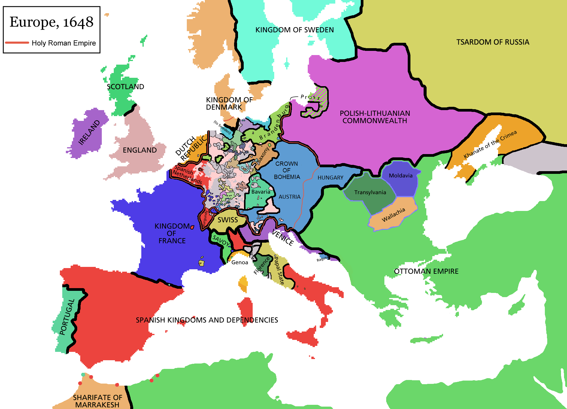 Map of Europe following the 1648 Peace of Westphalia, which established the modern geographic and diplomatic framework of strictly defined borders and sovereign nation-states.