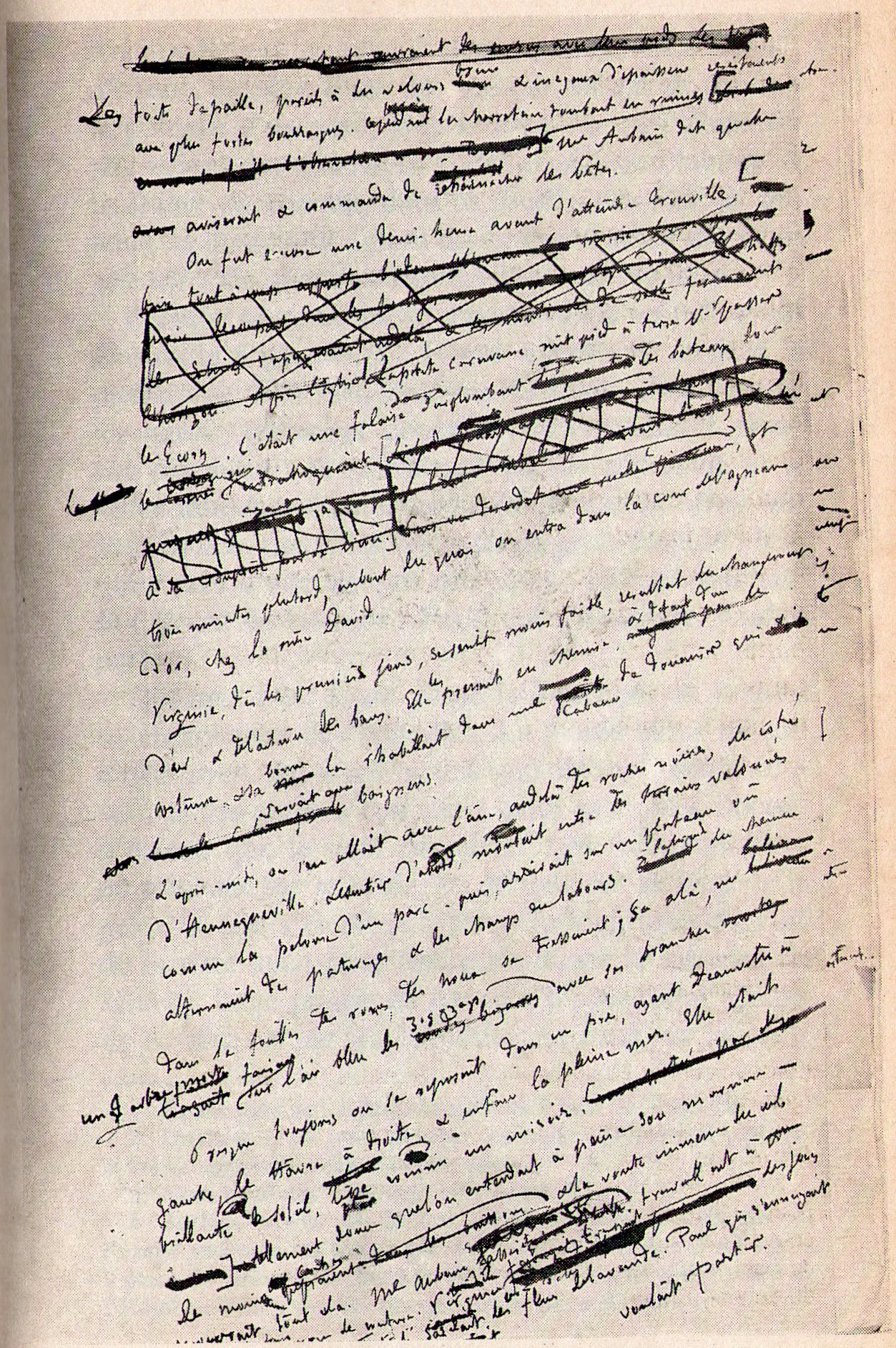 Heavily edited manuscripts, such as this draft by Gustave Flaubert, visualize the recursive and messy nature of the writing process, where authors constantly loop back to revise and refine.