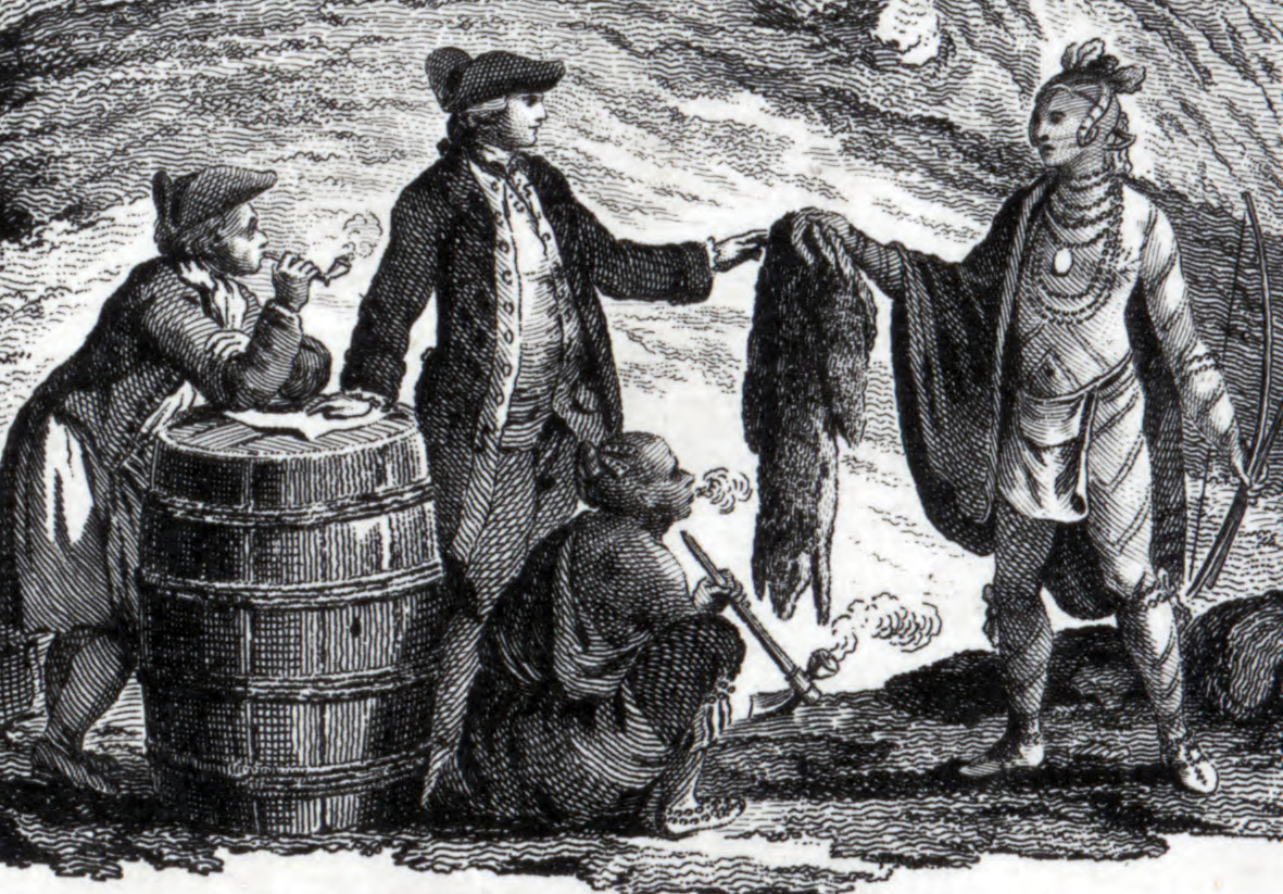 A 1777 illustration of European and Indigenous fur traders. The French fur trade necessitated cooperative economic and social relationships with Native American tribes, contrasting with the extraction-focused Spanish model.
