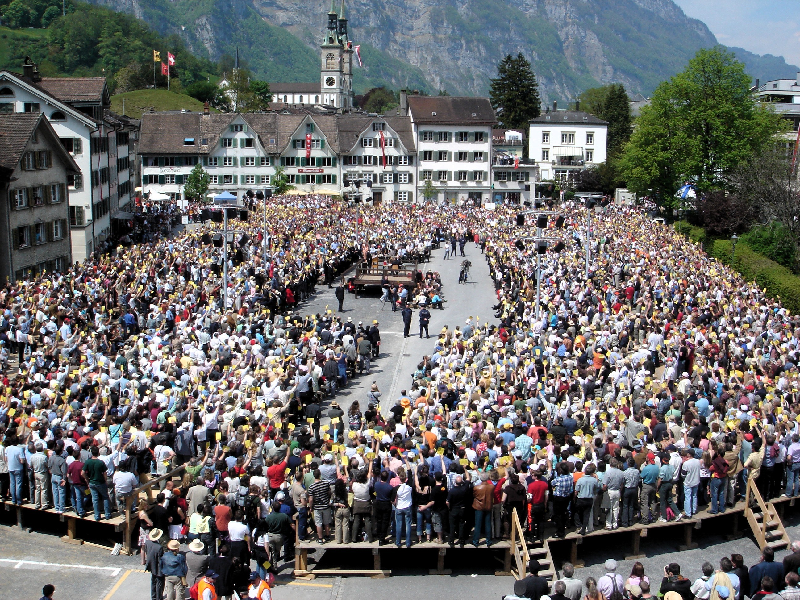 A Landsgemeinde in Switzerland, where citizens gather in a public square to vote directly on laws, is a rare modern example of direct democracy.