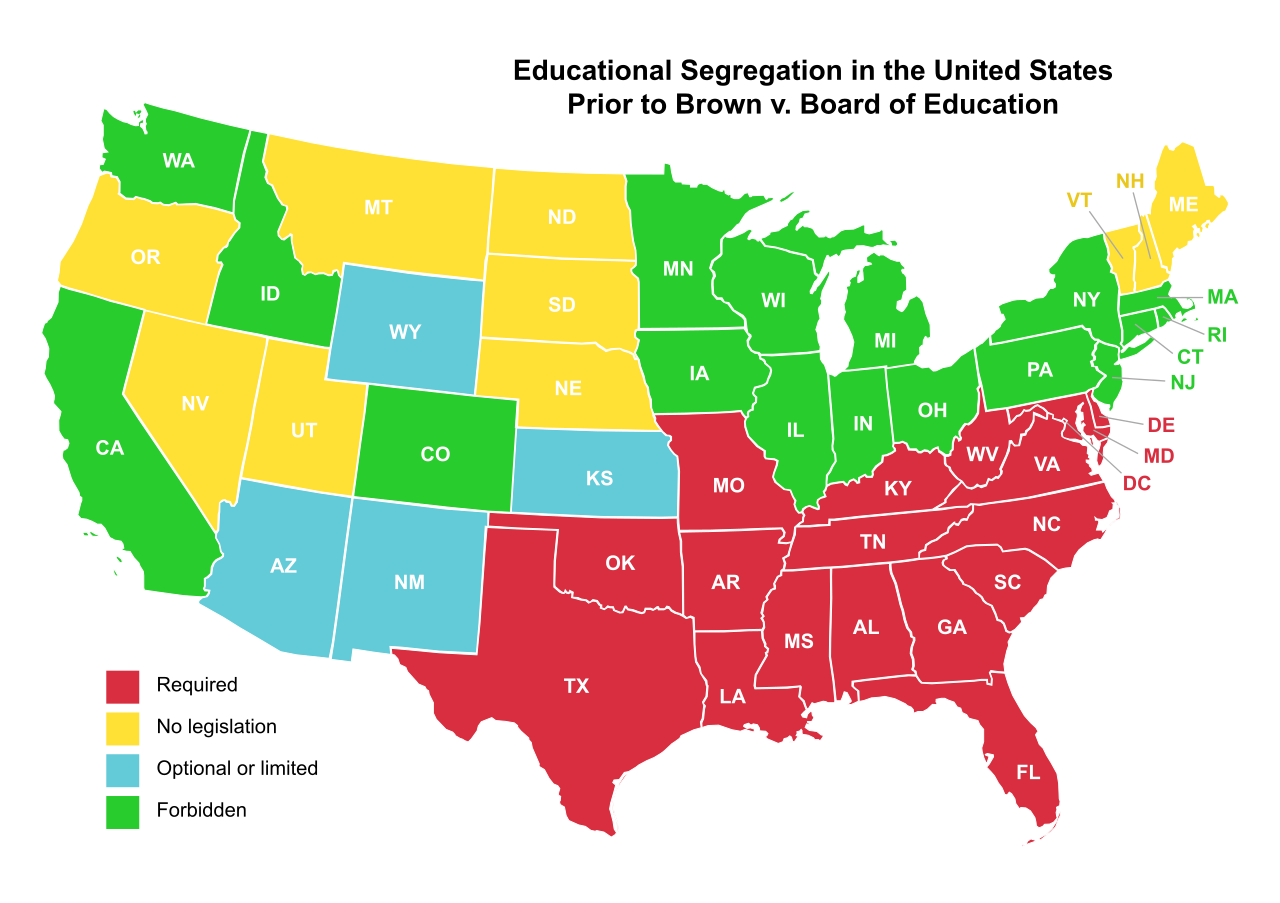 Map depicting the extent of legally mandated educational segregation in the U.S. prior to the 1954 Brown v. Board of Education ruling.