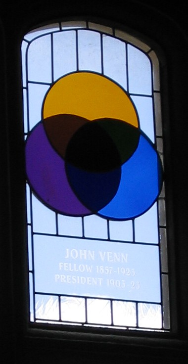 A stained-glass window at Gonville and Caius College, Cambridge, honoring logician John Venn and his three-circle logical diagram.