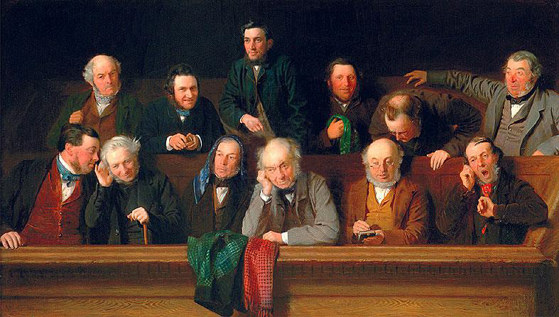 The Jury (1861) by John Morgan — either-way offences like theft, ABH and burglary can end up before a jury in the Crown Court, which is exactly the uncertainty the plea before venue and allocation procedure exists to resolve.