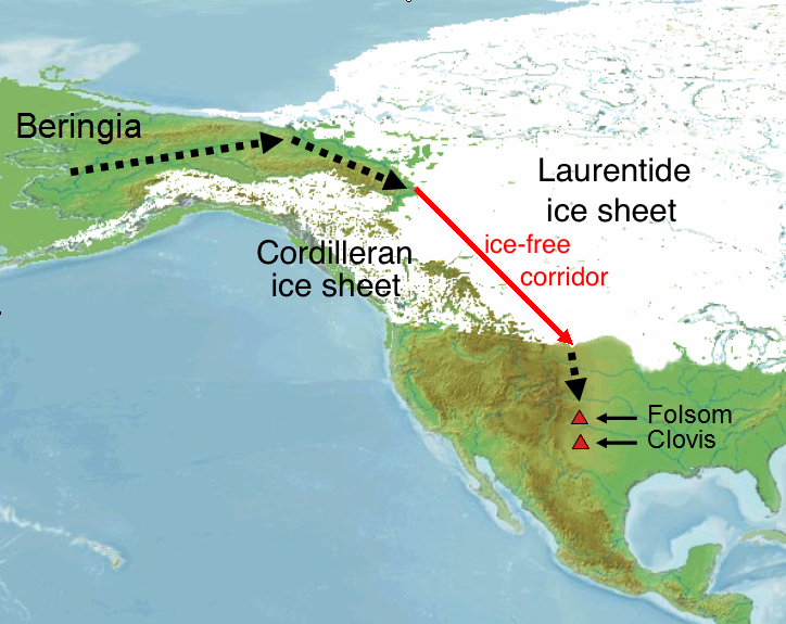 Map illustrating the Bering land bridge and ice-free corridors through which early nomadic populations migrated into North America.