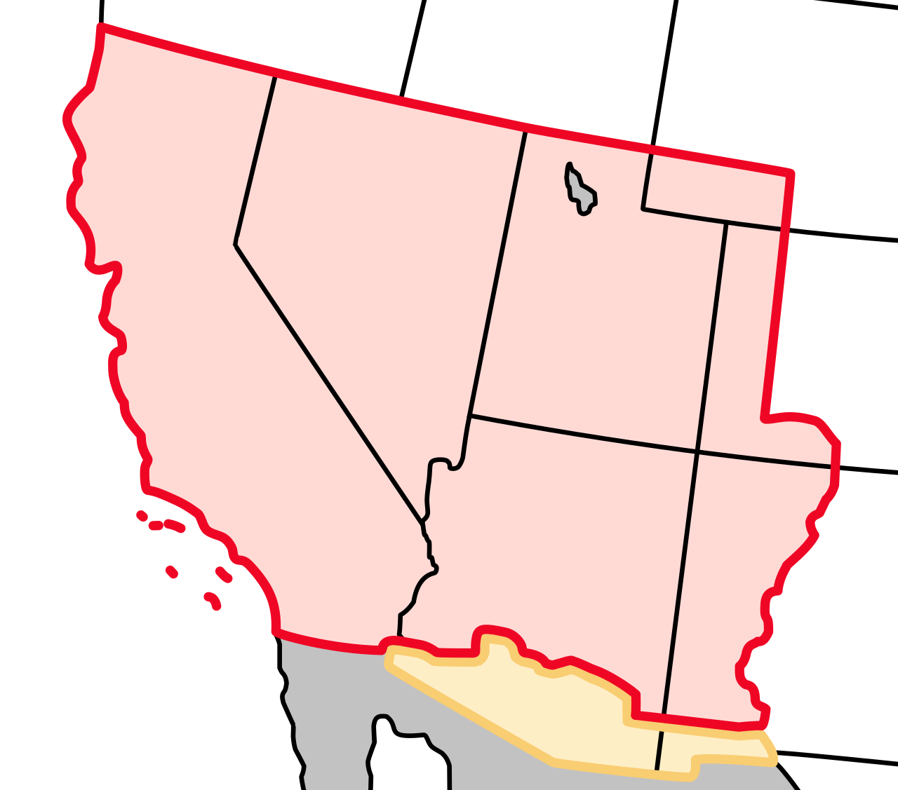 The Mexican Cession (highlighted in red) was ceded following the Mexican-American War. The Gadsden Purchase (yellow) was subsequently acquired specifically to provide suitable topography for a southern transcontinental railroad route.