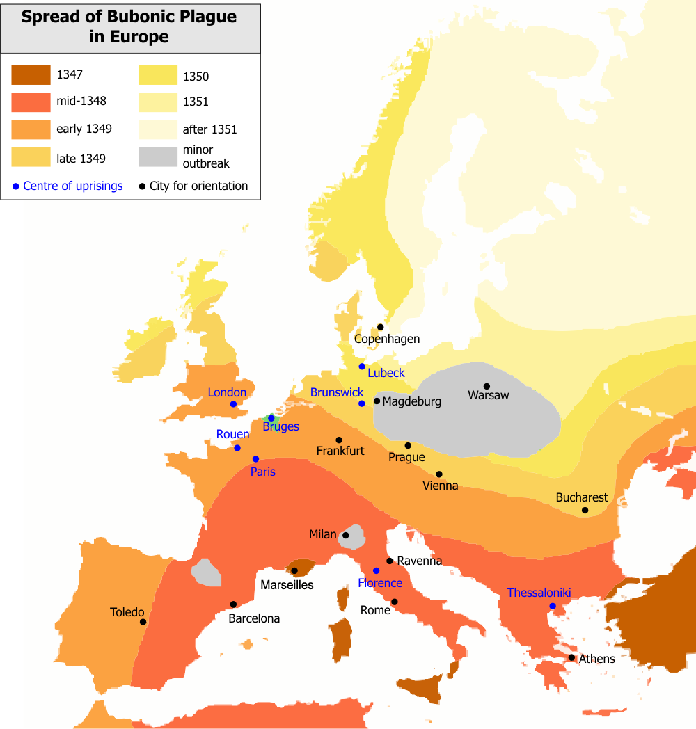 Map showing the rapid spread of the Bubonic Plague across Eurasia and into Europe. The hyper-connectivity of the Pax Mongolica allowed the pathogen to travel swiftly along established trade routes.