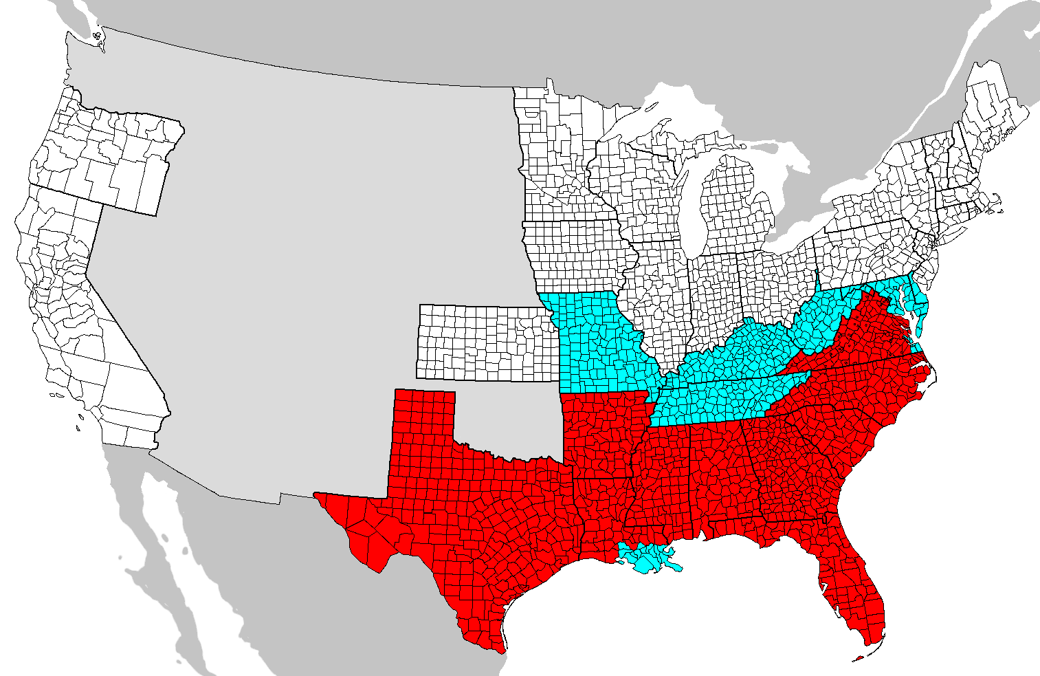 A map highlighting the specific regions (in red) where the Emancipation Proclamation legally freed enslaved people in 1863, explicitly excluding loyal border states (in blue).