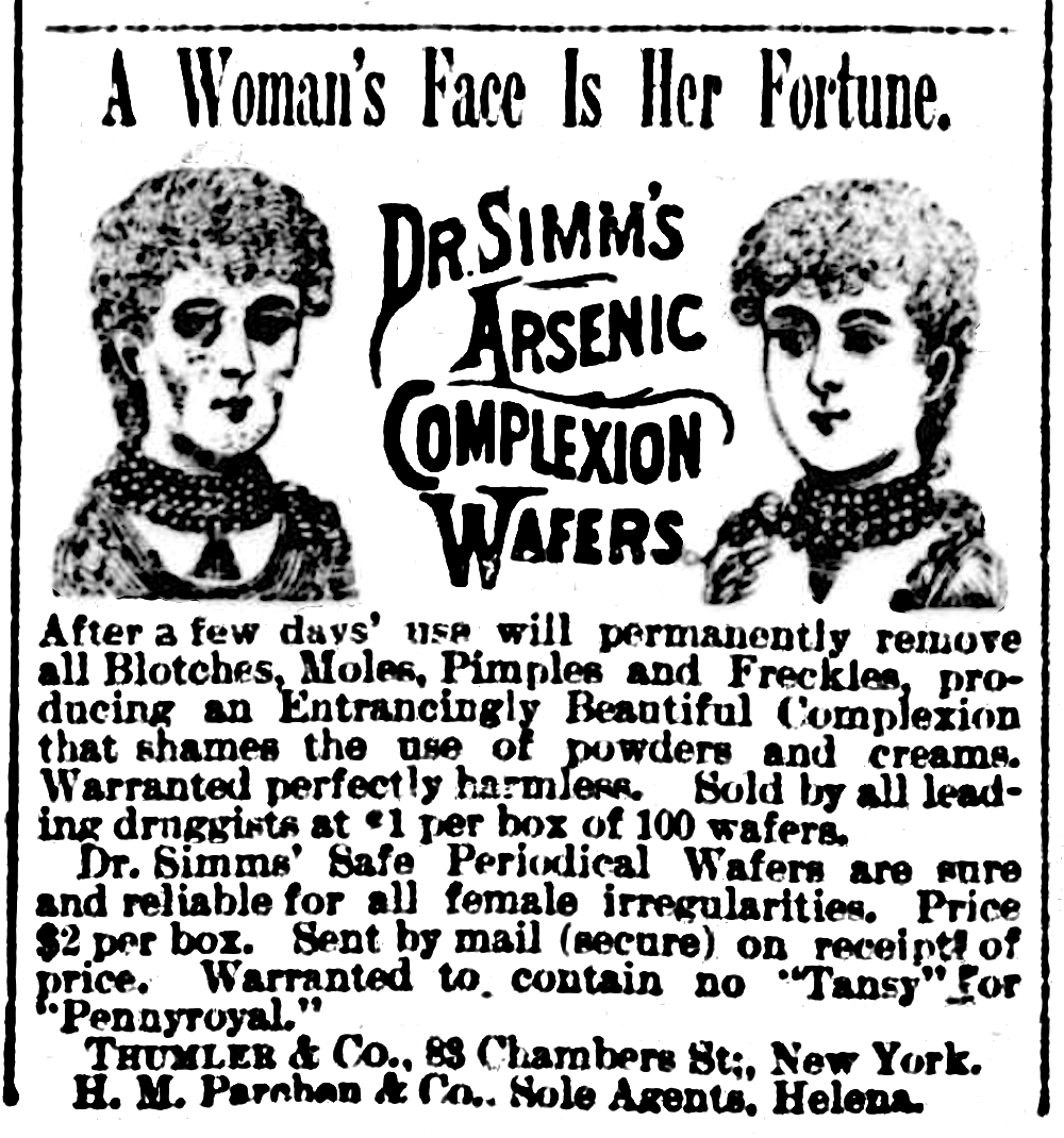 An 1889 advertisement for arsenic-based cosmetic wafers, a reminder that arsenic was a common Victorian-era poison — the cause of death at issue in Barnett v Chelsea & Kensington Hospital Management Committee.