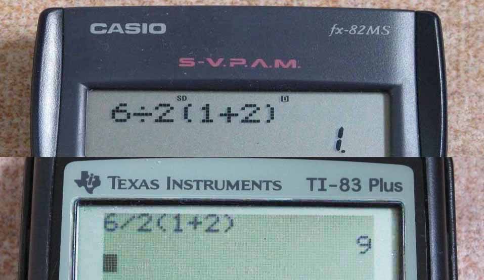 Without a strict order of operations, mathematical expressions become highly ambiguous, as demonstrated by these two calculators producing different results for the exact same input.