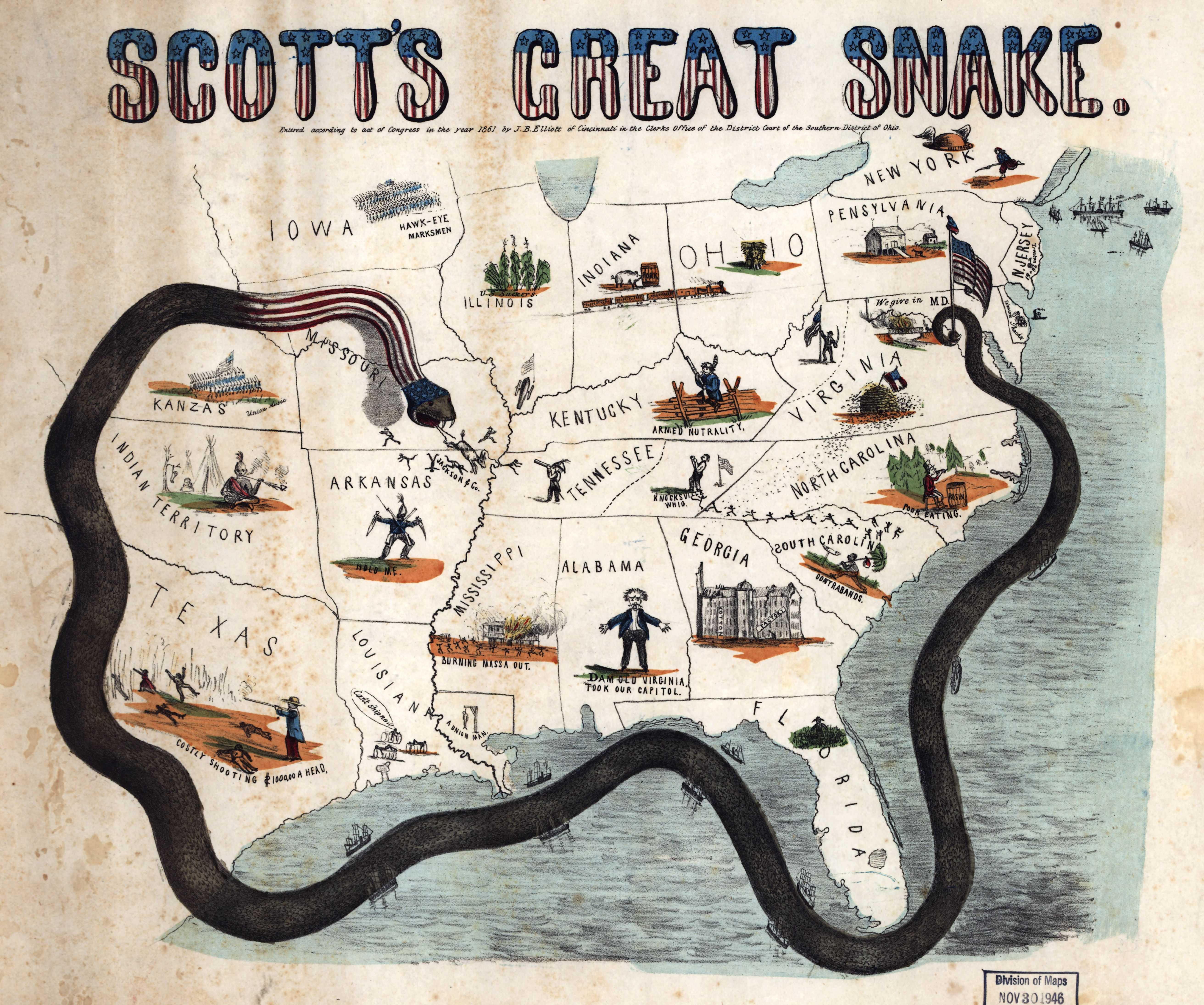 A cartoon map depicting General Winfield Scott's "Anaconda Plan," a Union strategy designed to slowly suffocate the Confederacy through a naval blockade and by securing the Mississippi River.